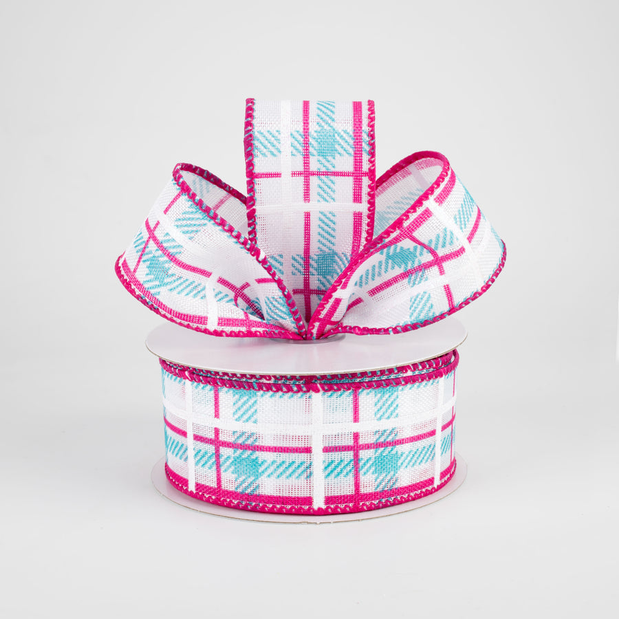 1.5" Iridescent Print Plaid Ribbon: Turquoise, Fuchsia, White (10 Yards) Lifestyle Photo