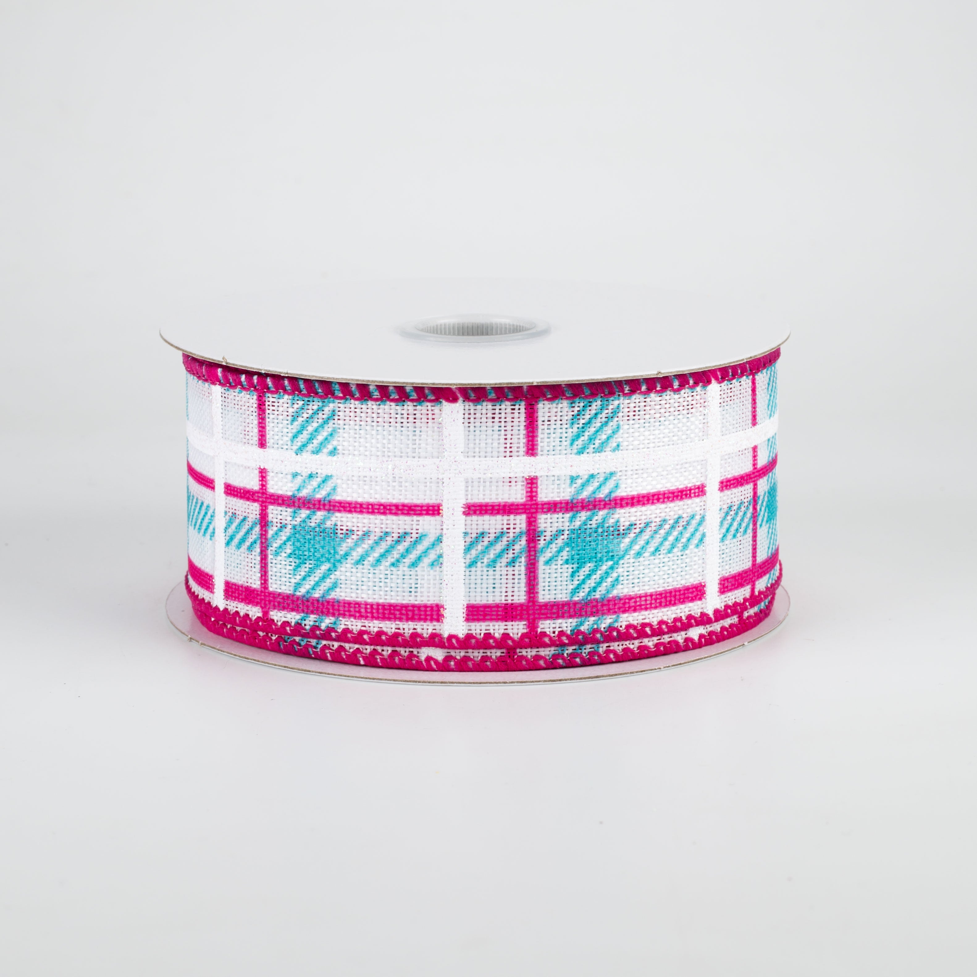 1.5" Iridescent Print Plaid Ribbon: Turquoise, Fuchsia, White (10 Yards)