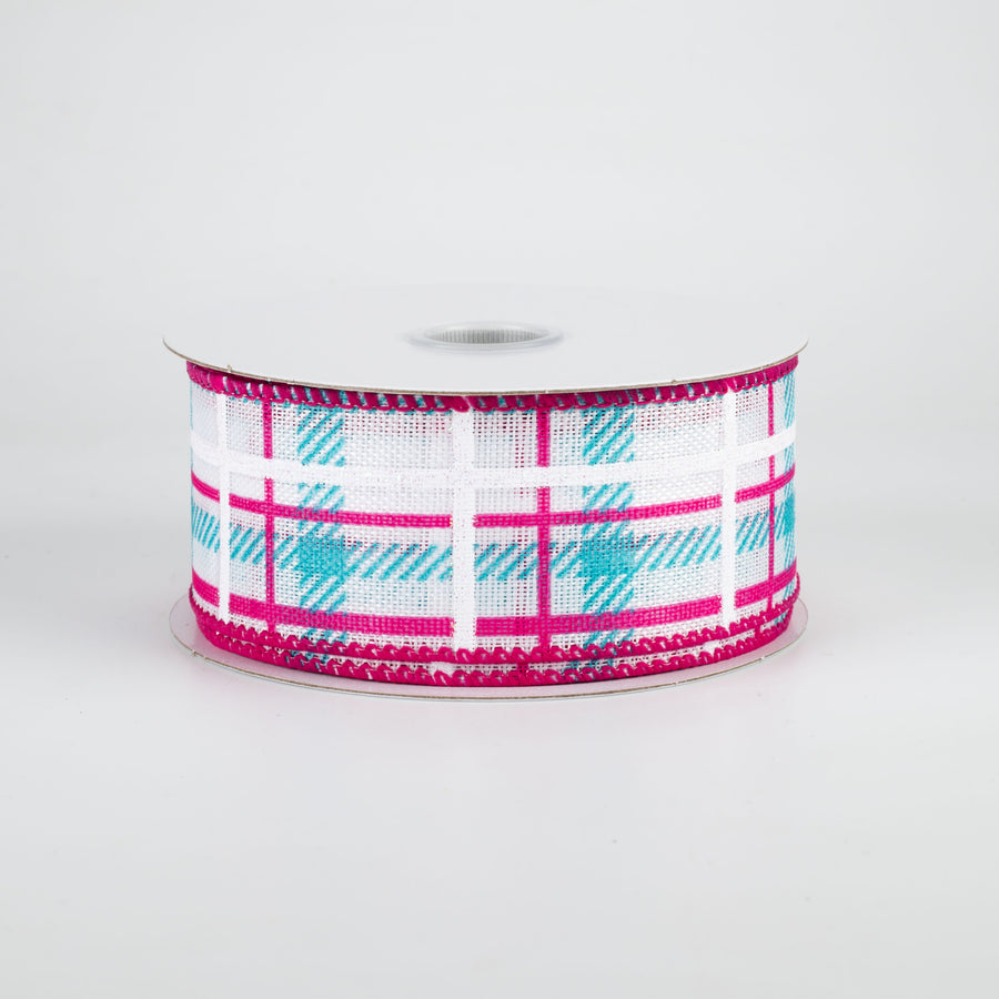 1.5" Iridescent Print Plaid Ribbon: Turquoise, Fuchsia, White (10 Yards)