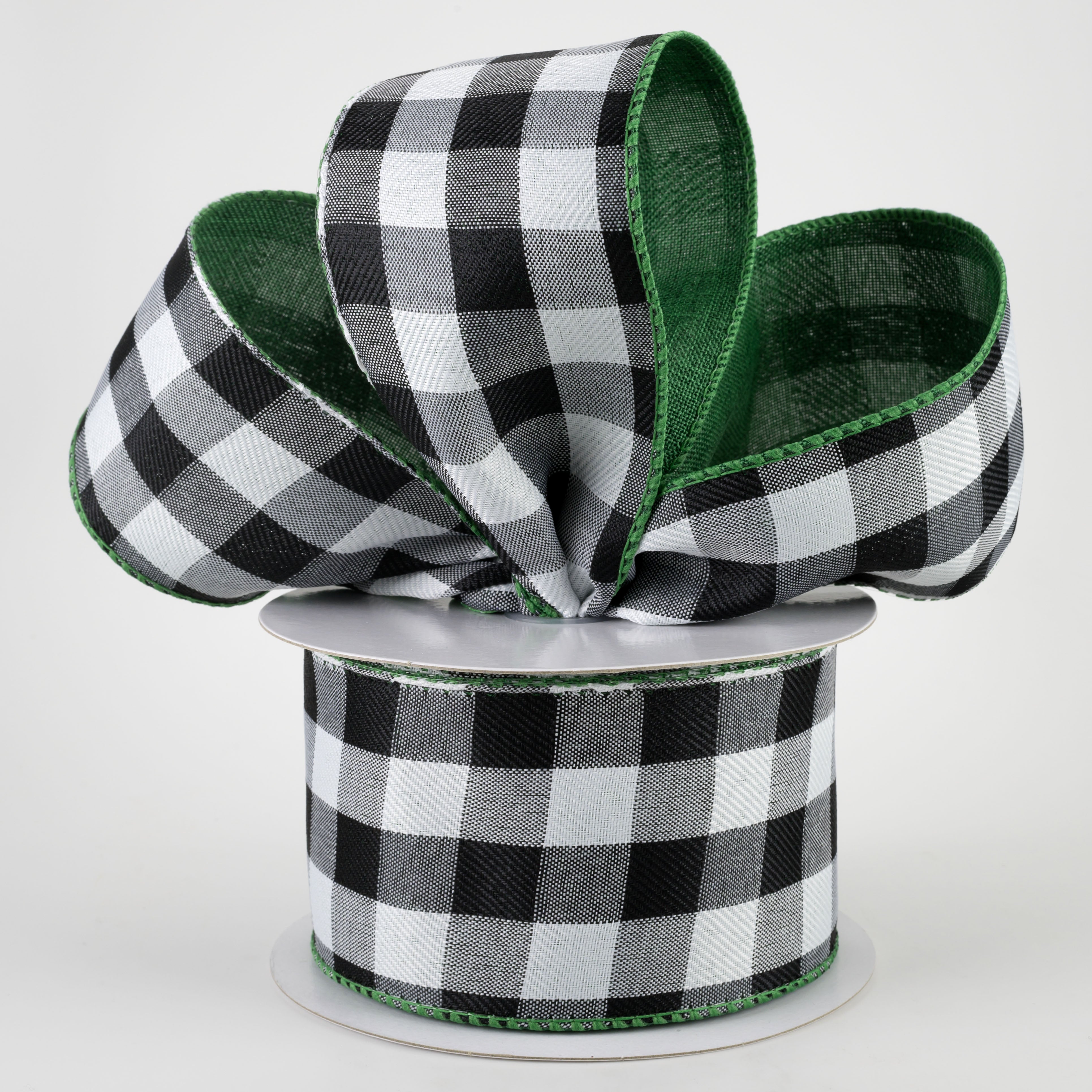 [IRREGULAR] 2.5" 2-Sided Buffalo Plaid & Linen Ribbon: B&W, Emerald Green (10 Yards) Lifestyle Photo