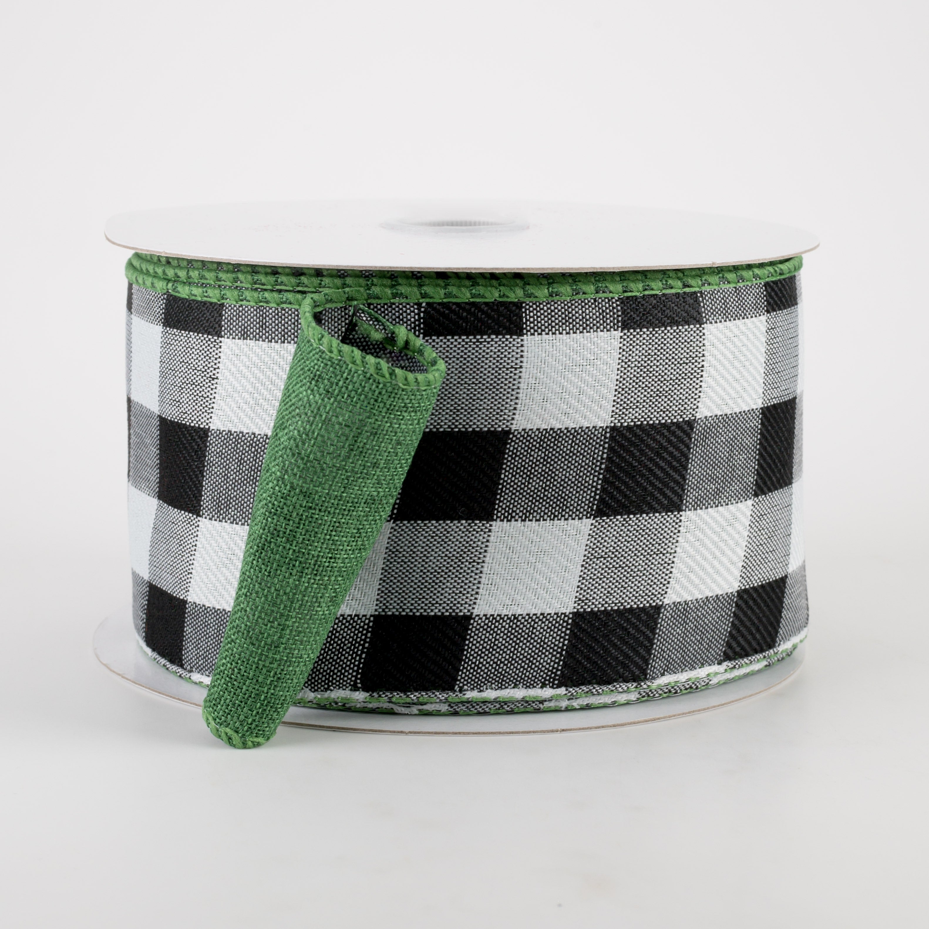 [IRREGULAR] 2.5" 2-Sided Buffalo Plaid & Linen Ribbon: B&W, Emerald Green (10 Yards) Item Number: 72156-40-17