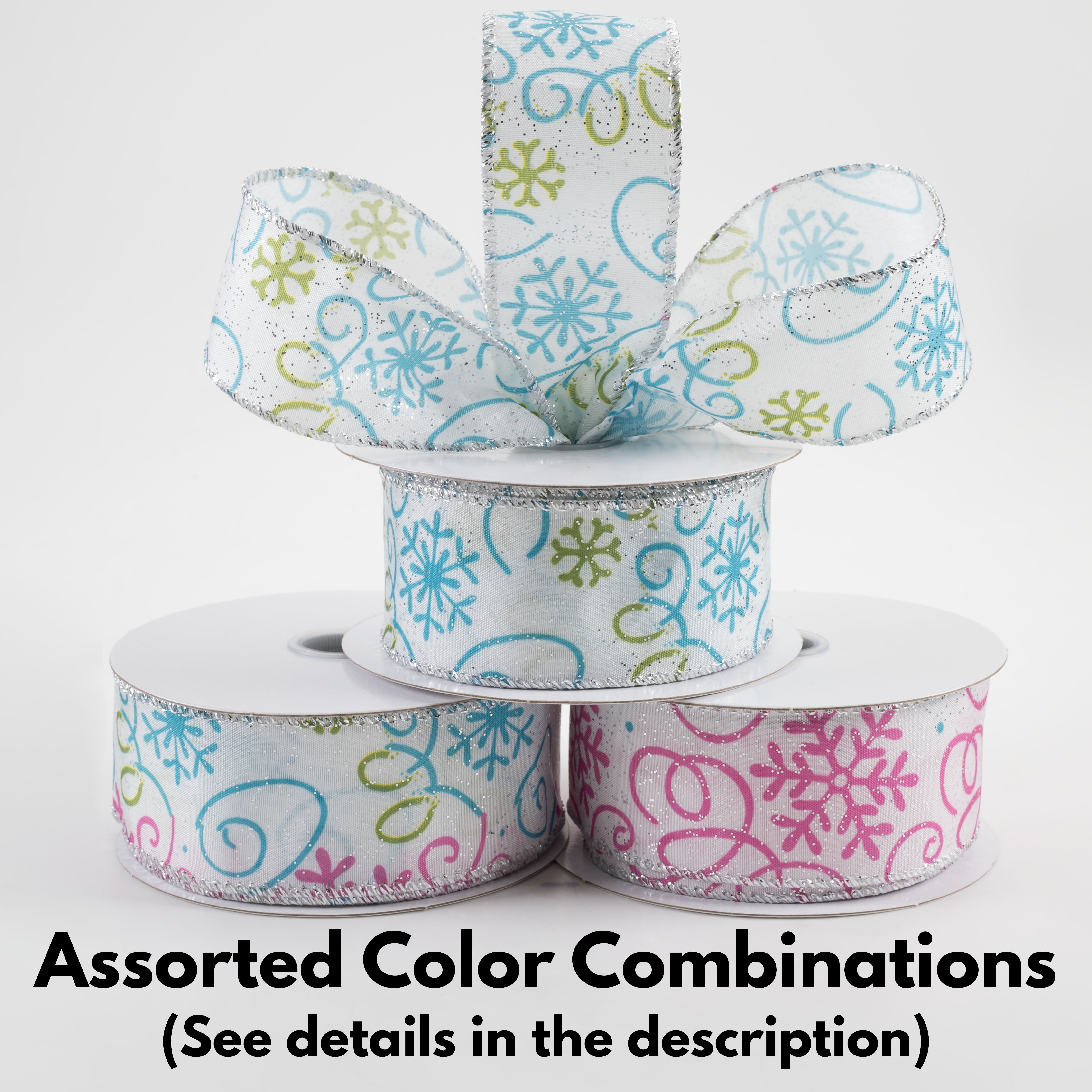 [IRREGULAR] 1.5" Satin Snowflake Ribbon: Pink, Green & Blue (10 Yards) Lifestyle Photo