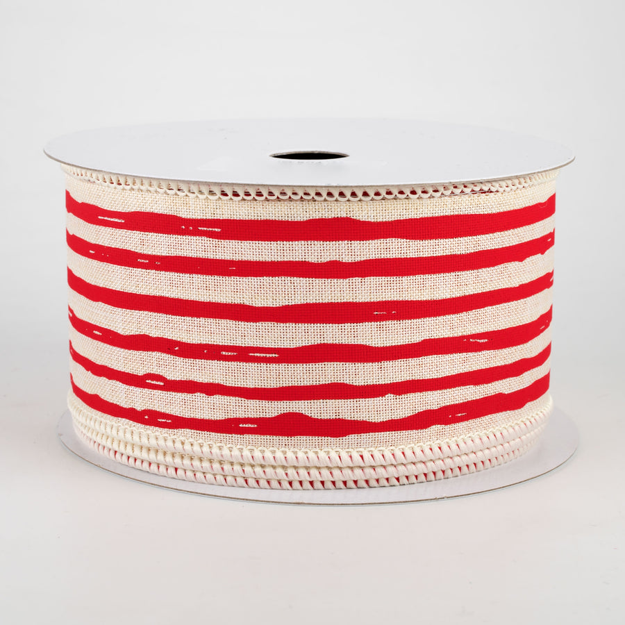 2.5" Irregular Stripes Ribbon: Cream & Red (10 Yards)