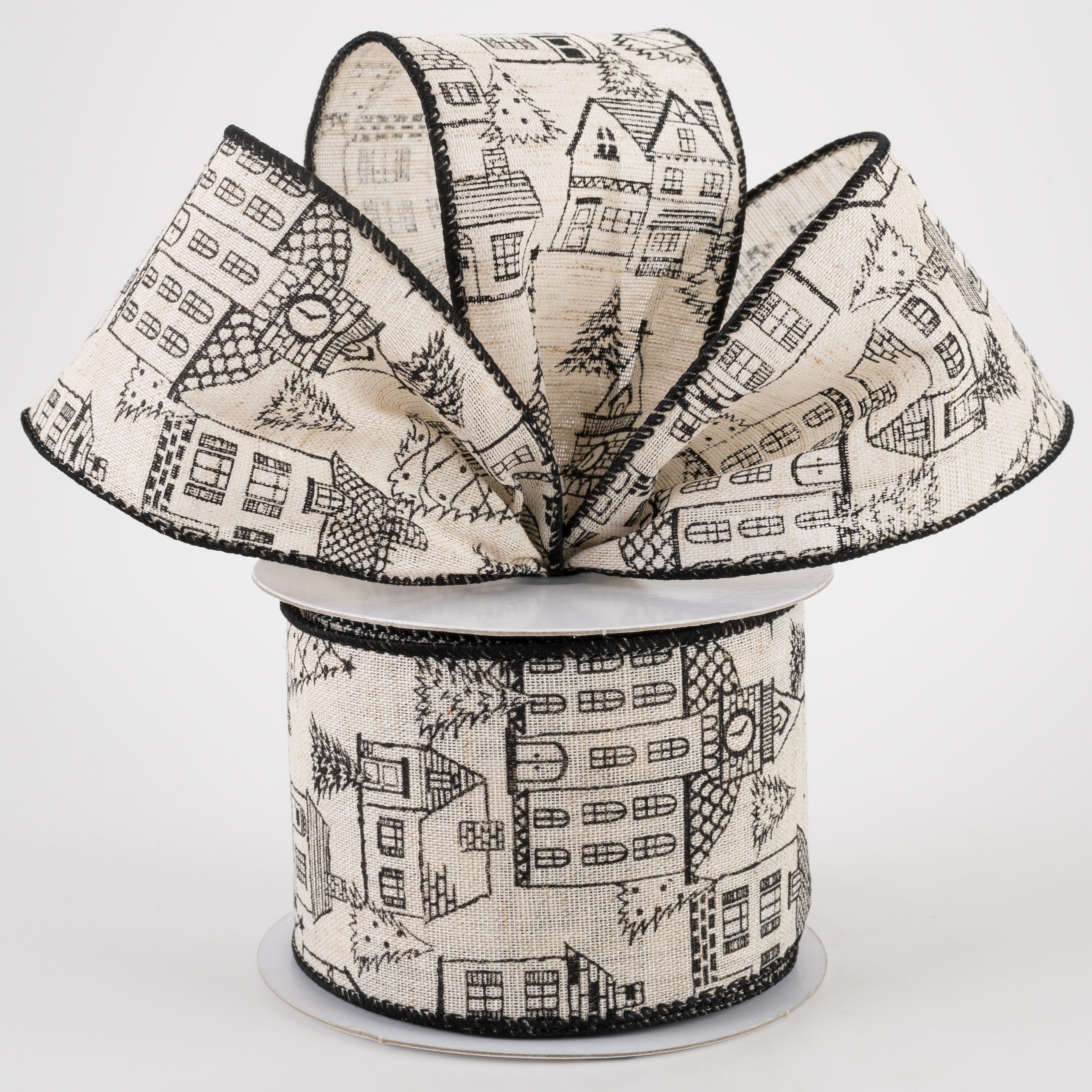 2.5" Ivory Canvas Outlined Houses Ribbon: Black (10 Yards) Lifestyle Photo