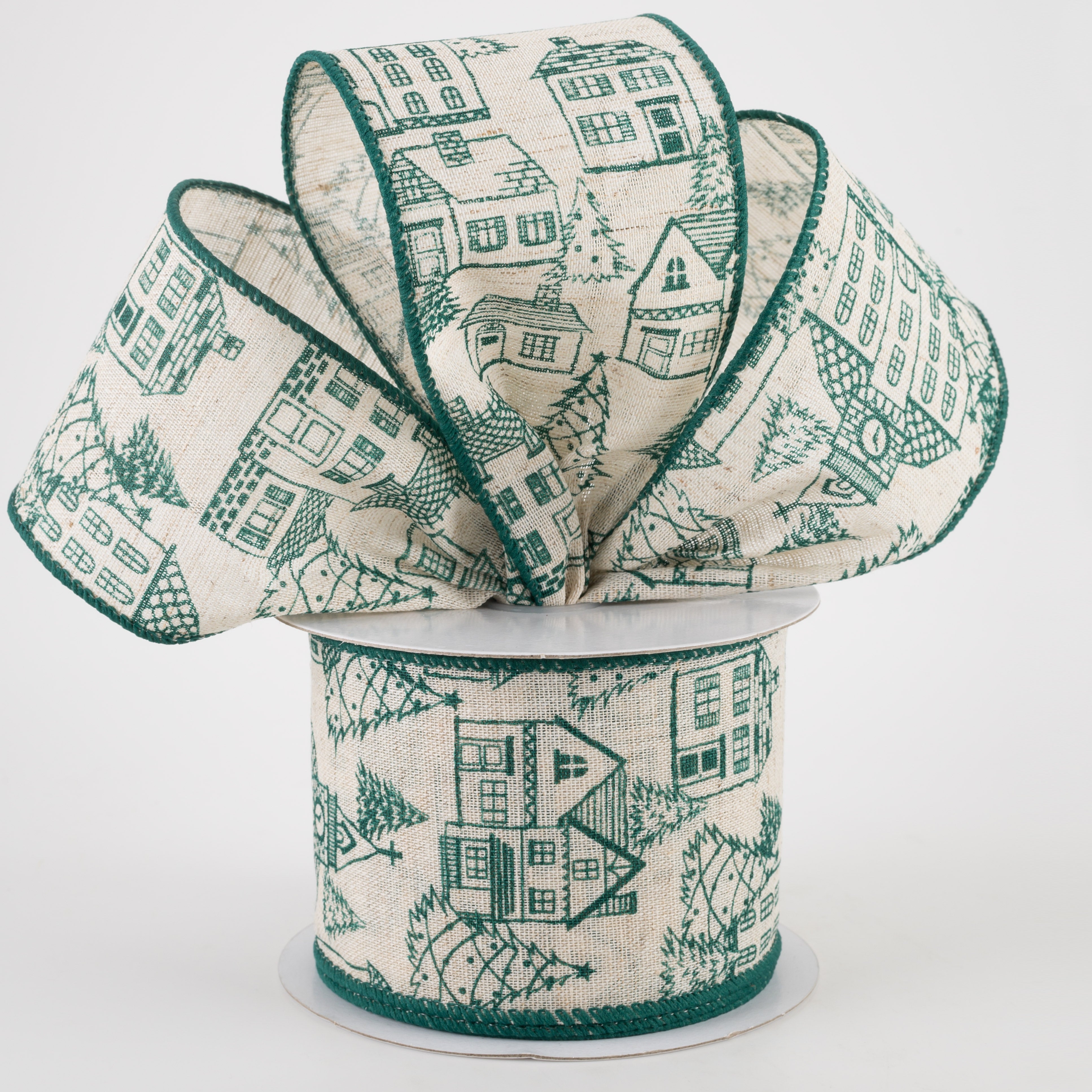 2.5" Ivory Canvas Outlined Houses Ribbon: Green (10 Yards) Lifestyle Photo
