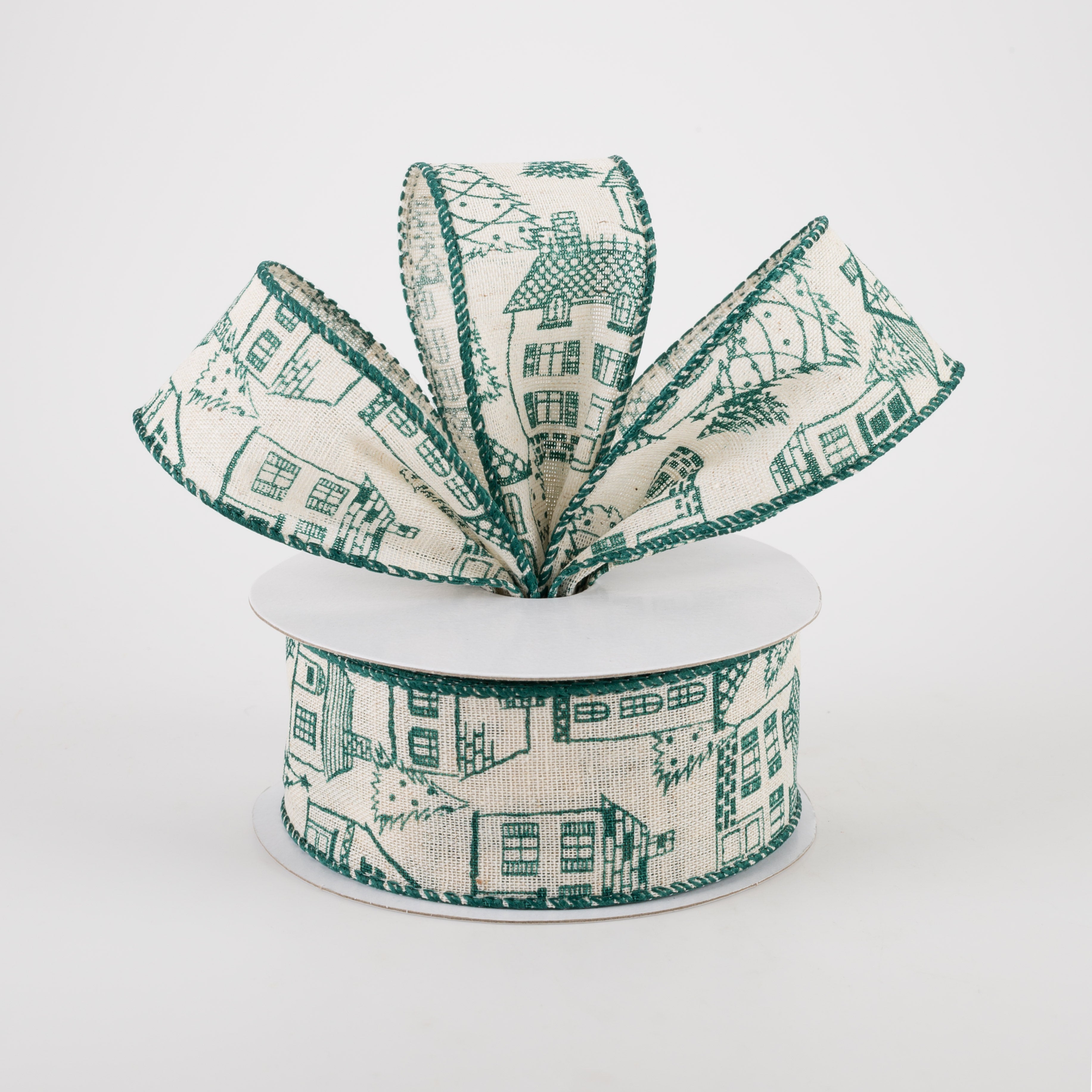 1.5" Ivory Canvas Outlined Houses Ribbon: Green (10 Yards) Lifestyle Photo