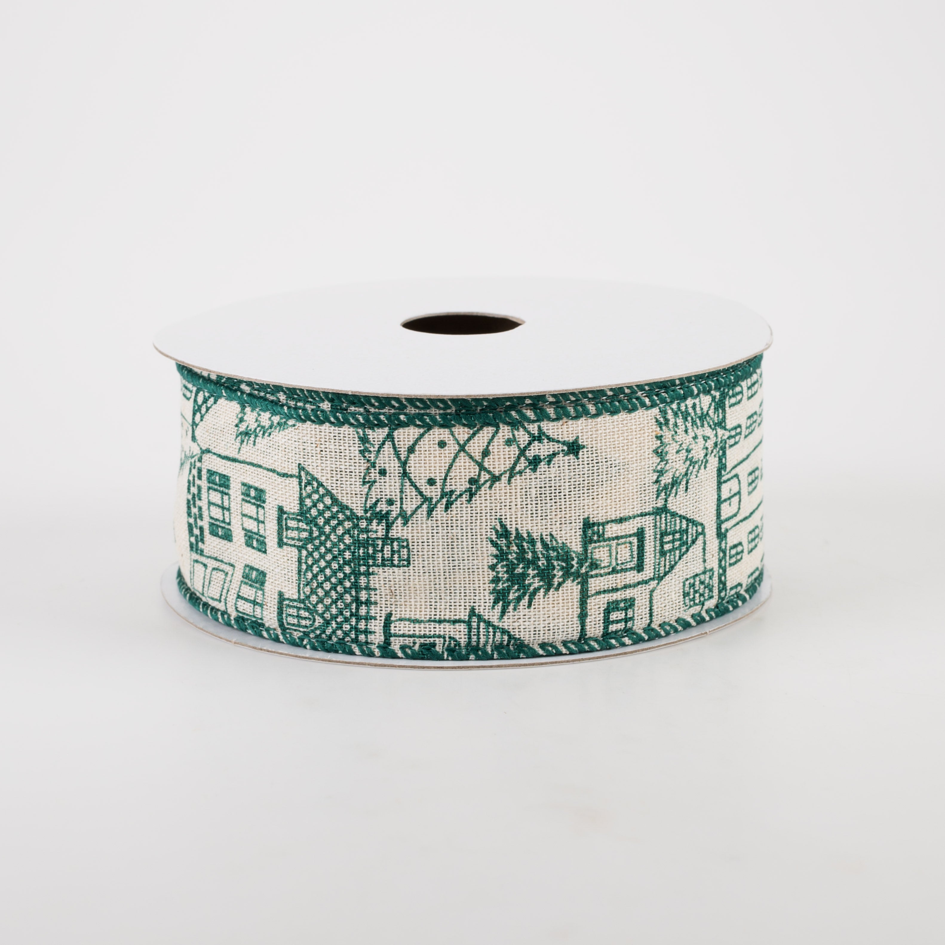 1.5" Ivory Canvas Outlined Houses Ribbon: Green (10 Yards)
