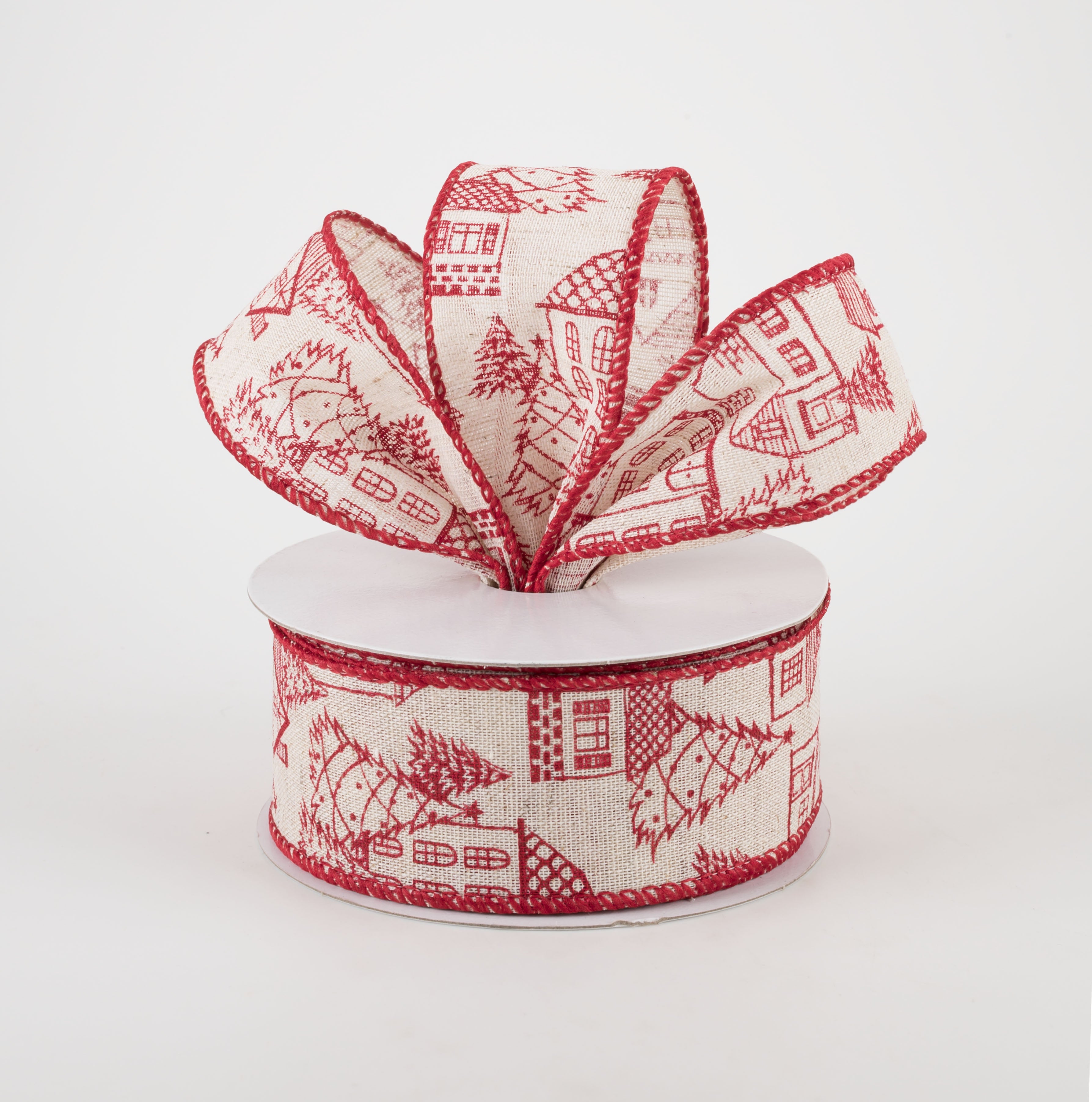 1.5" Ivory Canvas Outlined Houses Ribbon: Red (10 Yards) Lifestyle Photo