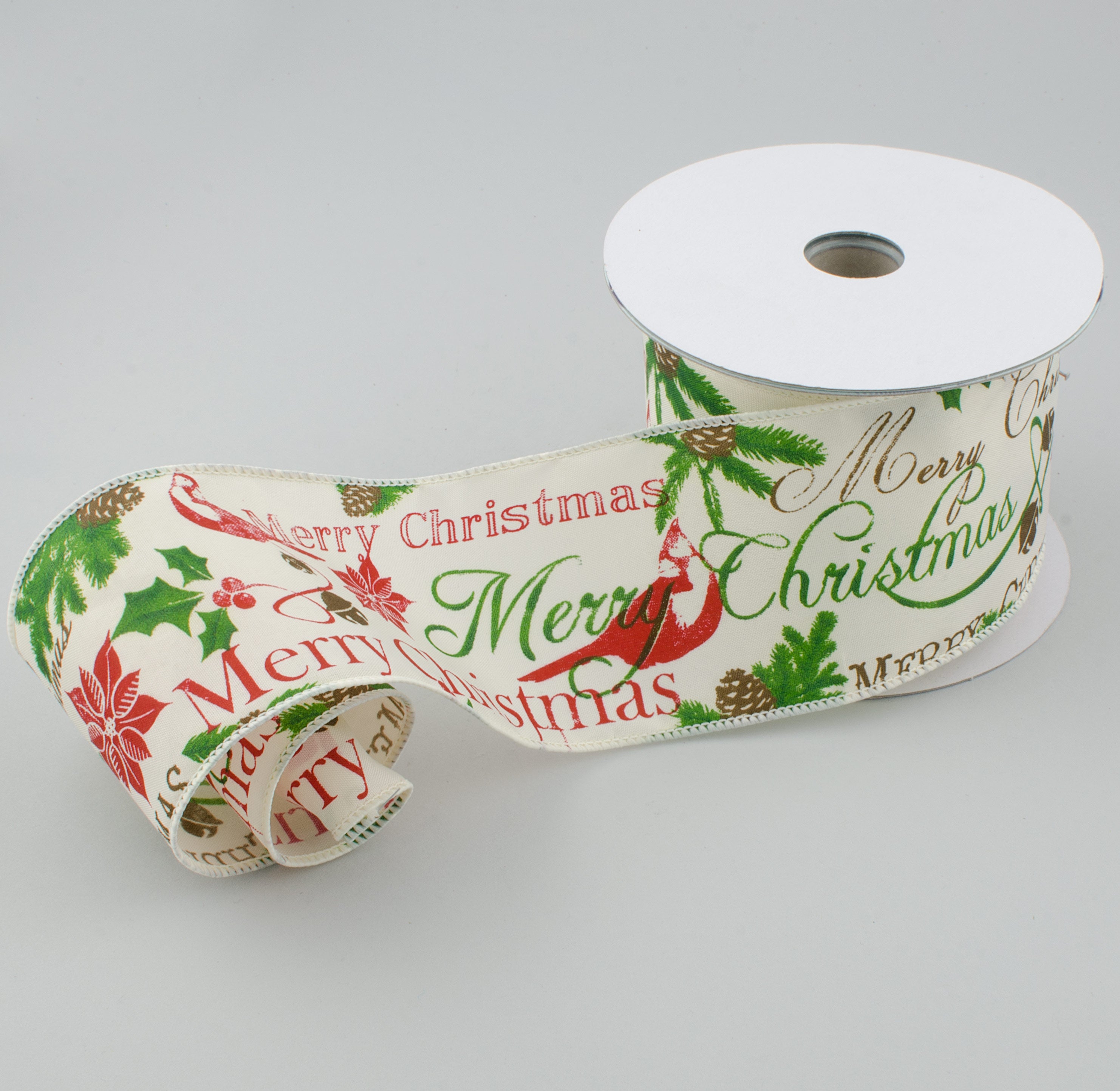 2.5" Ivory Satin Merry Christmas Cardinal Ribbon: Ivory, Emerald Green, Red, Brown (10 Yards) Lifestyle Photo