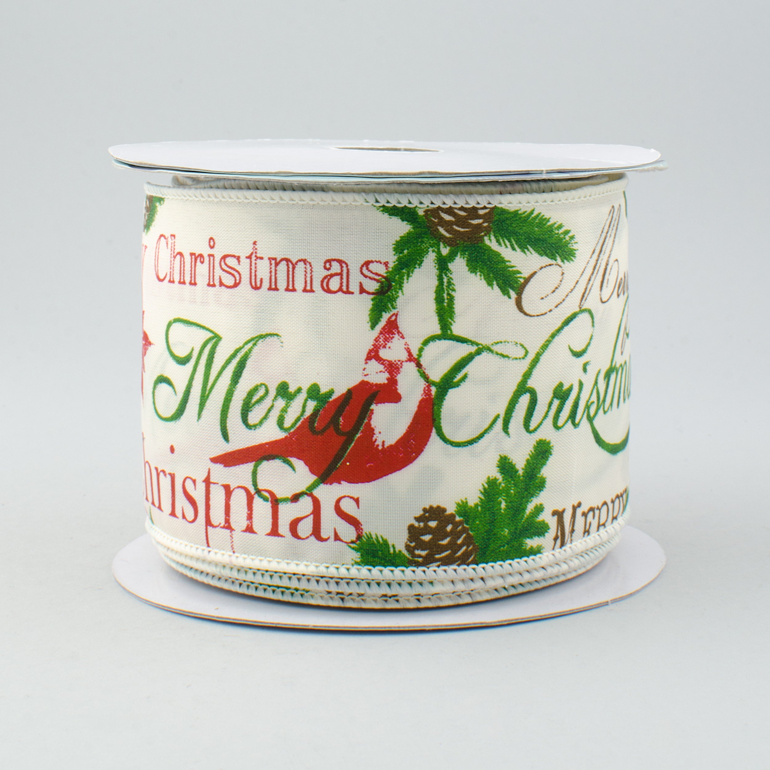 2.5" Ivory Satin Merry Christmas Cardinal Ribbon: Ivory, Emerald Green, Red, Brown (10 Yards)
