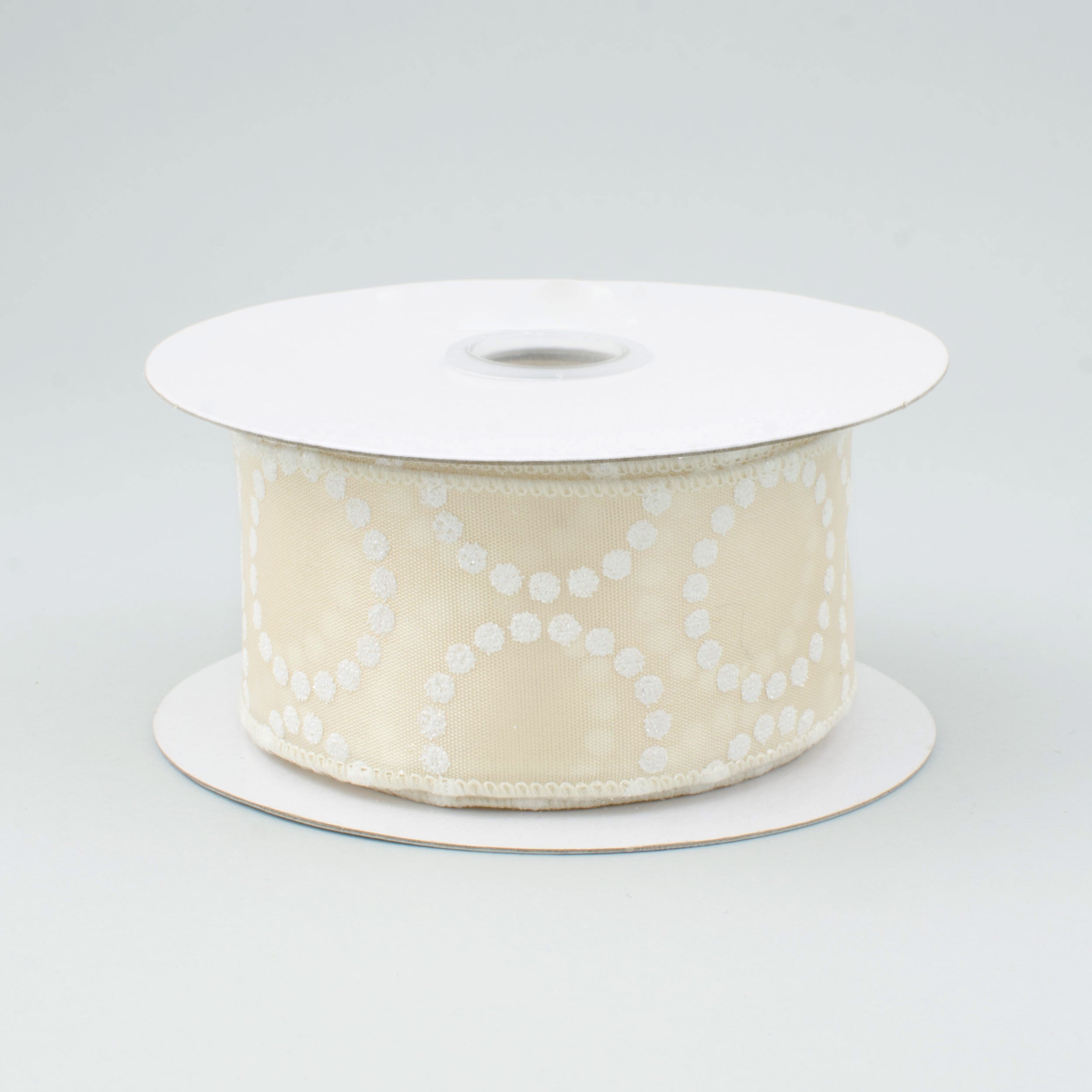 1.5" Ivory Satin Pearl Bead Circle Ribbon: Ivory & White (10 Yards)