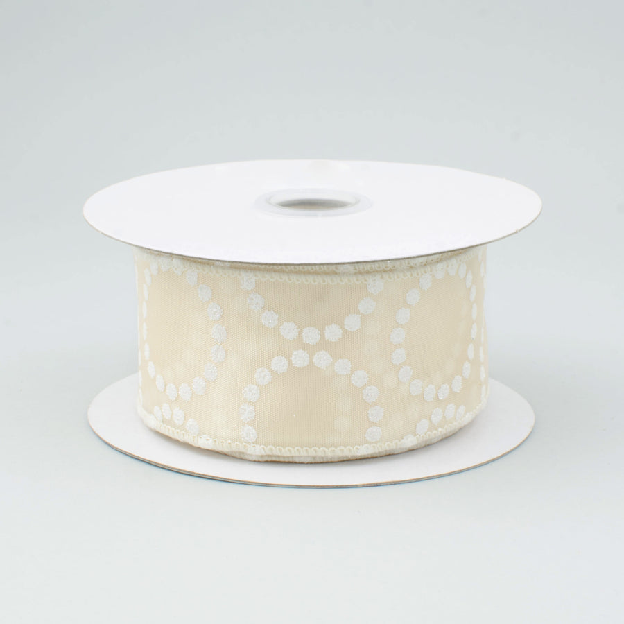 1.5" Ivory Satin Pearl Bead Circle Ribbon: Ivory & White (10 Yards)