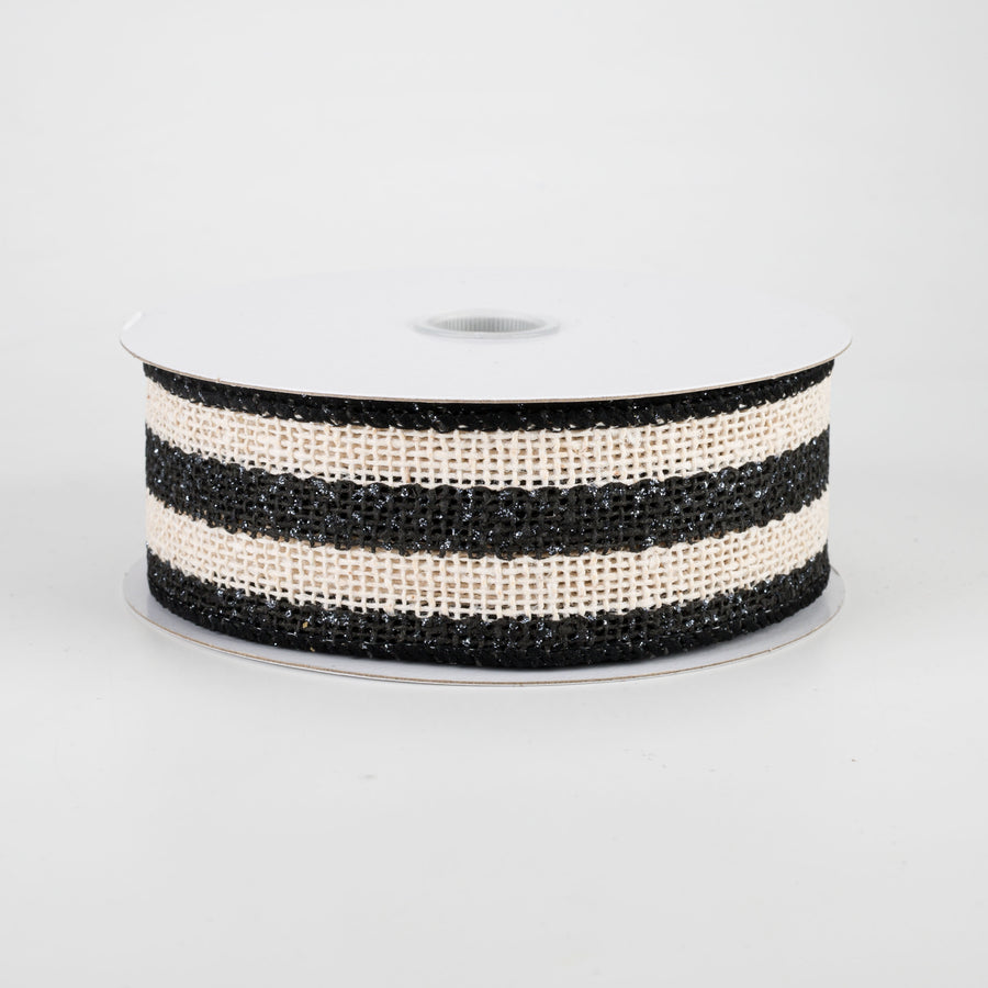 1.5" Ivory Striped Burlap Ribbon: Black (10 Yards) Item Number: 51016-09-21