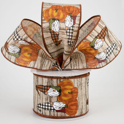 2.5" Ivory Wood Textured Gnome Ribbon: Orange Pumpkins (10 Yards) Lifestyle Photo