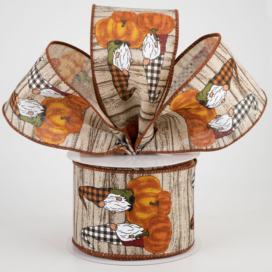 2.5" Ivory Wood Textured Gnome Ribbon: Orange Pumpkins (10 Yards) Lifestyle Photo
