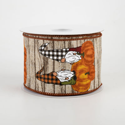 2.5" Ivory Wood Textured Gnome Ribbon: Orange Pumpkins (10 Yards)