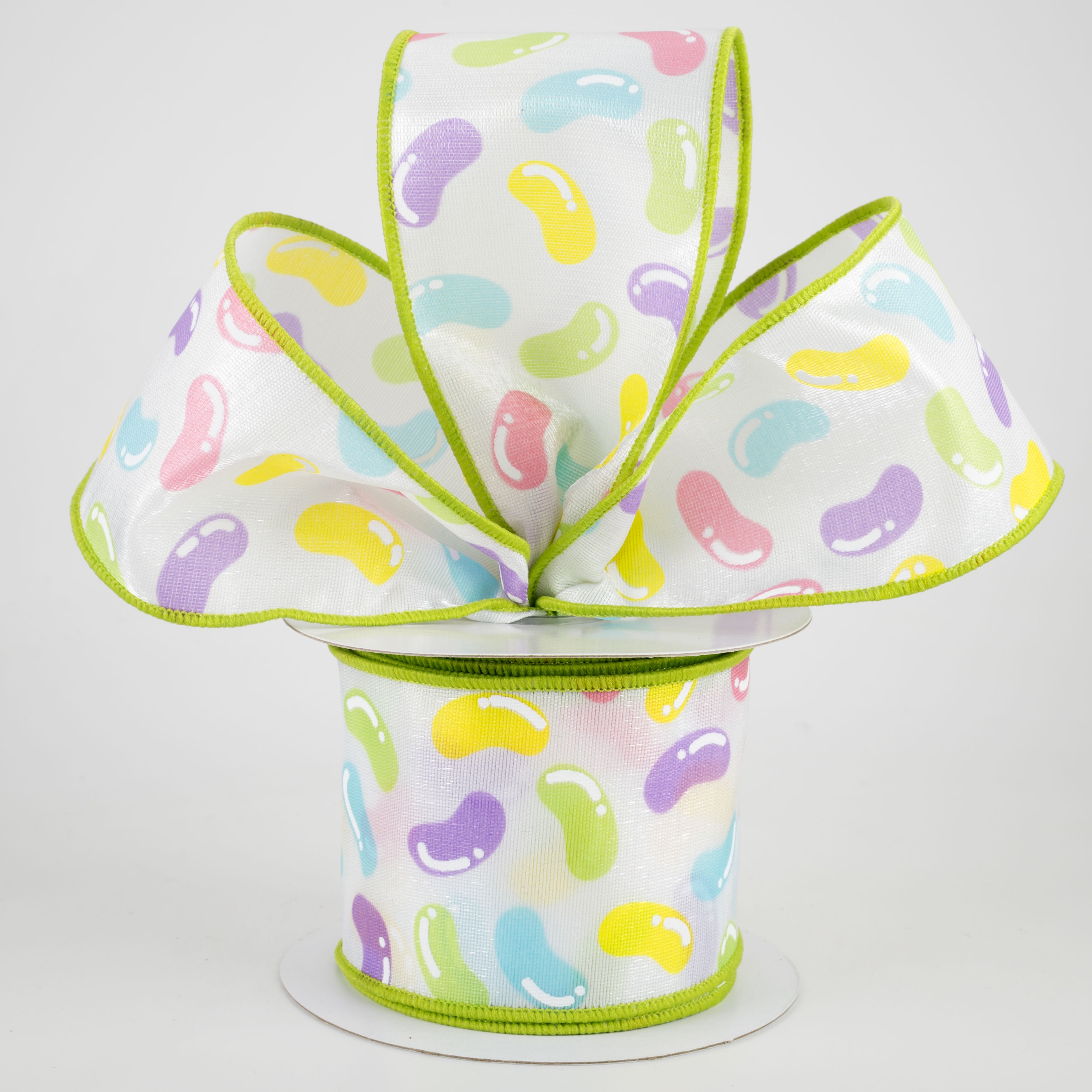 2.5" Jelly Beans Satin Ribbon: White & Fresh Green (10 Yards) Lifestyle Photo