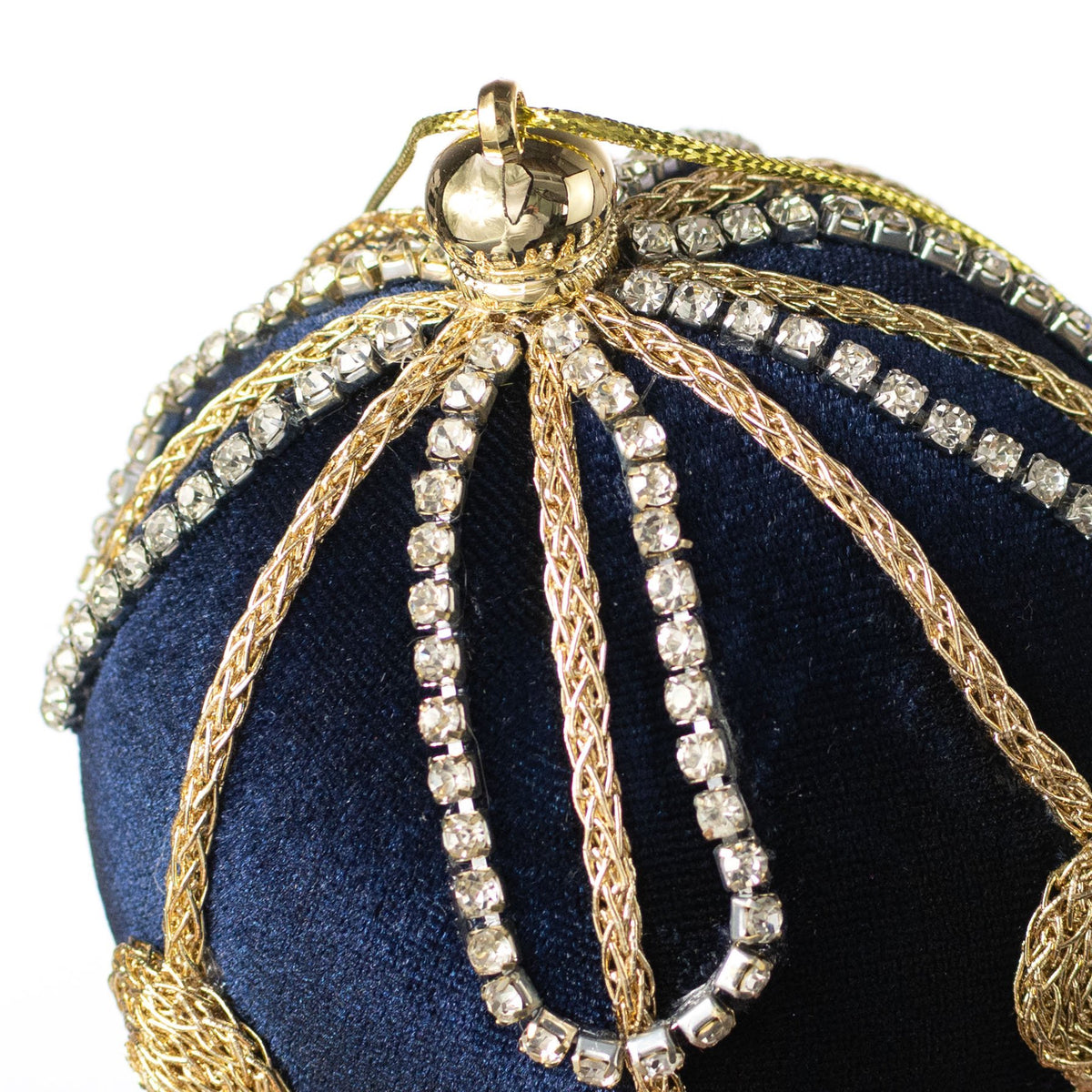 4" Jeweled Chain Velvet Ball Ornament: Dark Blue & Gold detail photo 3