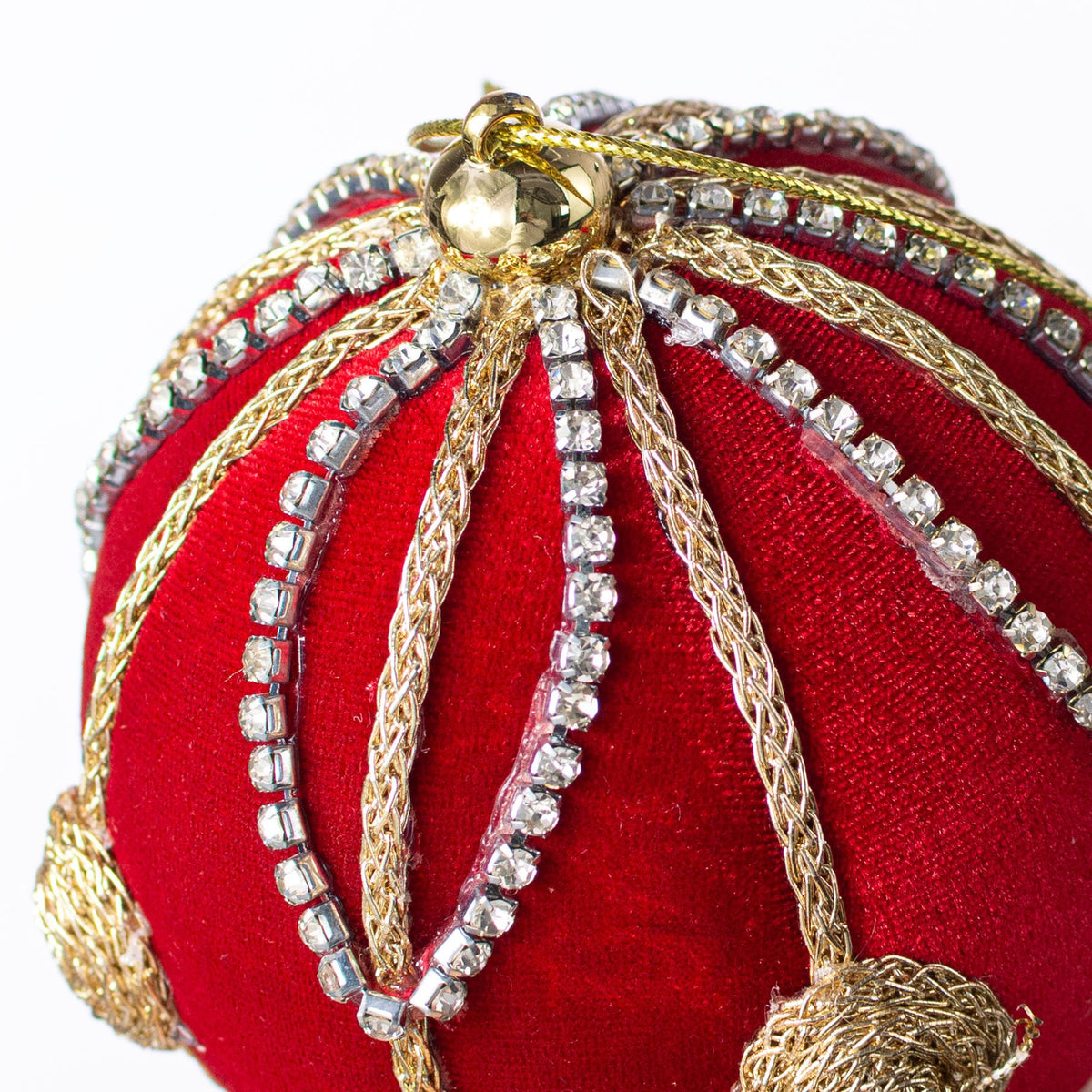 4" Jeweled Chain Velvet Ball Ornament: Red & Gold detail photo 3