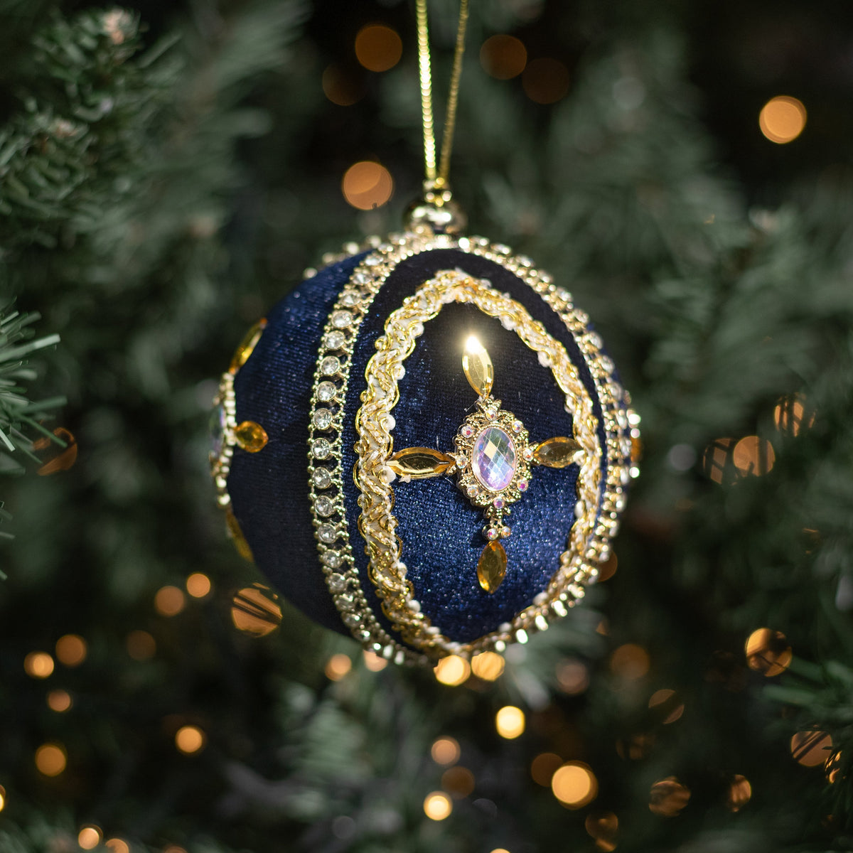 4" Jeweled Cross Velvet Ball Ornament: Dark Blue & Gold Lifestyle Photo