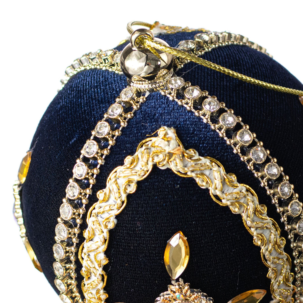 4" Jeweled Cross Velvet Ball Ornament: Dark Blue & Gold detail photo 3