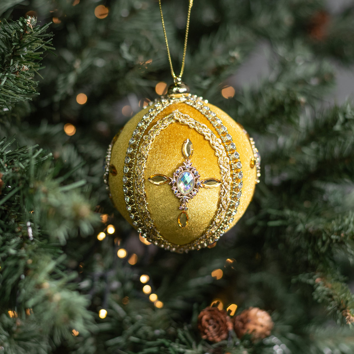 4" Jeweled Cross Velvet Ball Ornament: Gold Lifestyle Photo
