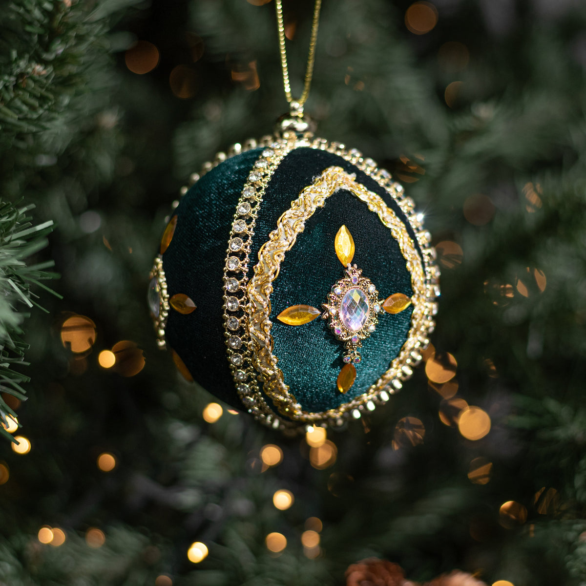 4" Jeweled Cross Velvet Ball Ornament: Green & Gold Lifestyle Photo