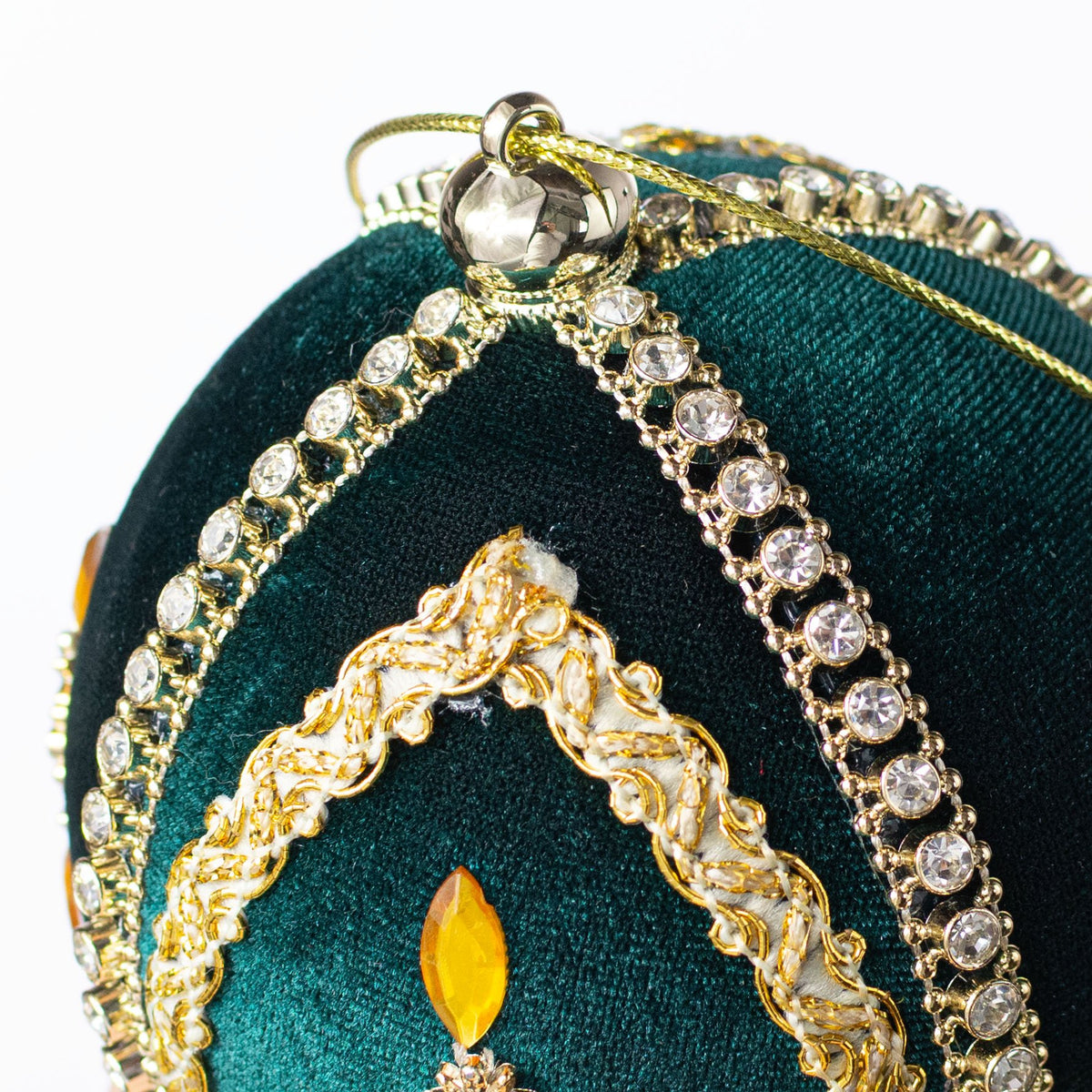 4" Jeweled Cross Velvet Ball Ornament: Green & Gold detail photo 3