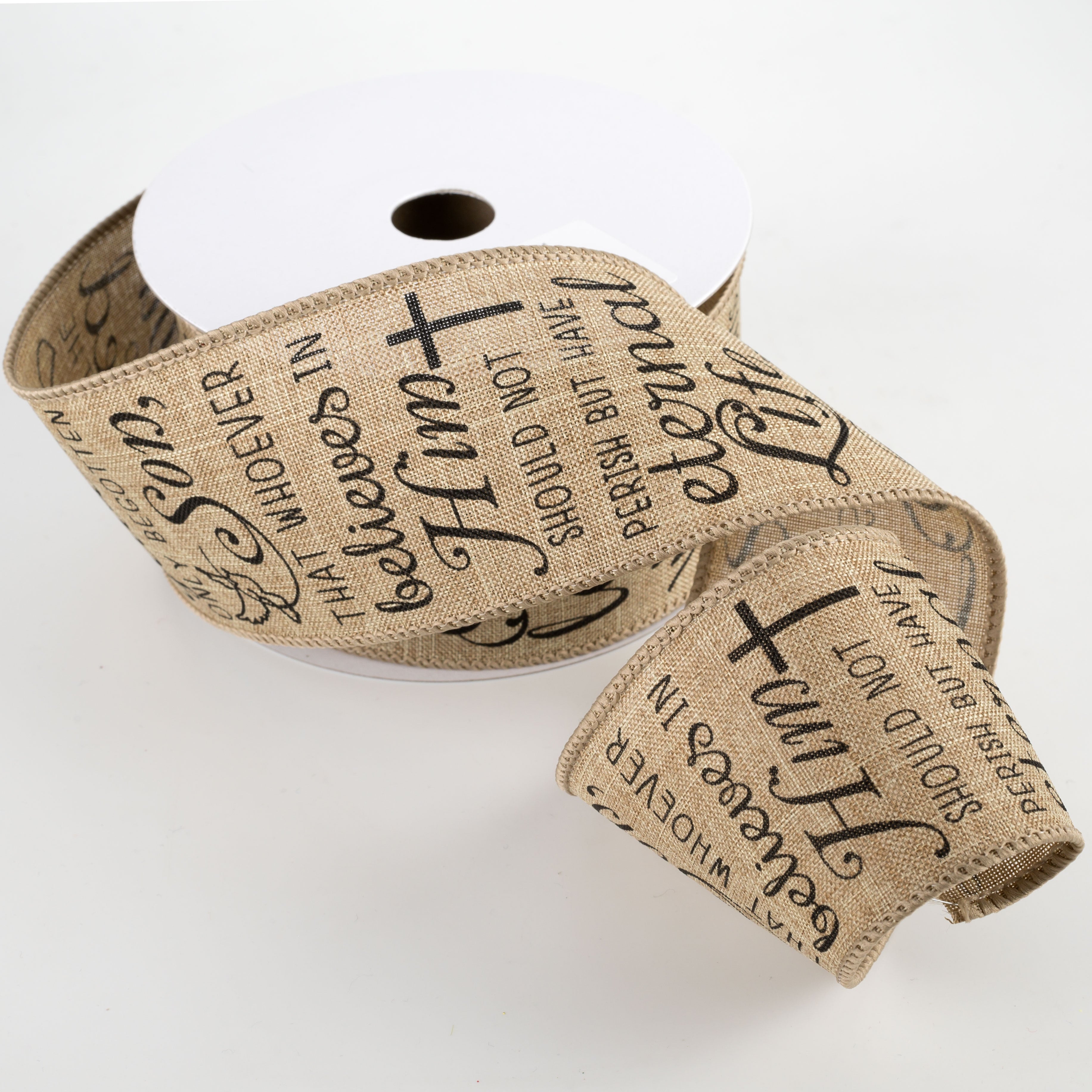 2.5" John 3:16 Ribbon: Beige (10 Yards) Lifestyle Photo