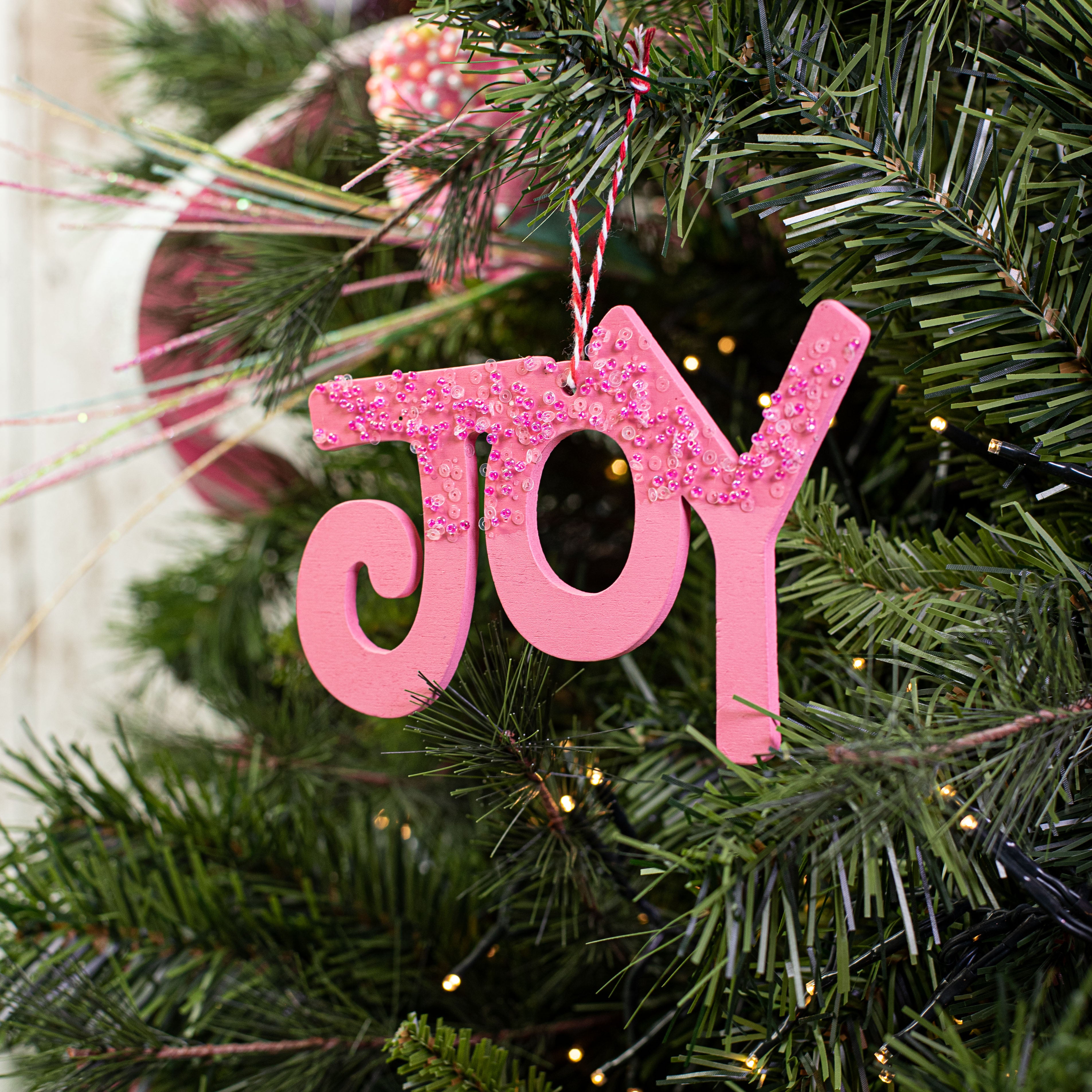 6" Joy Ornament: Pink Lifestyle Photo