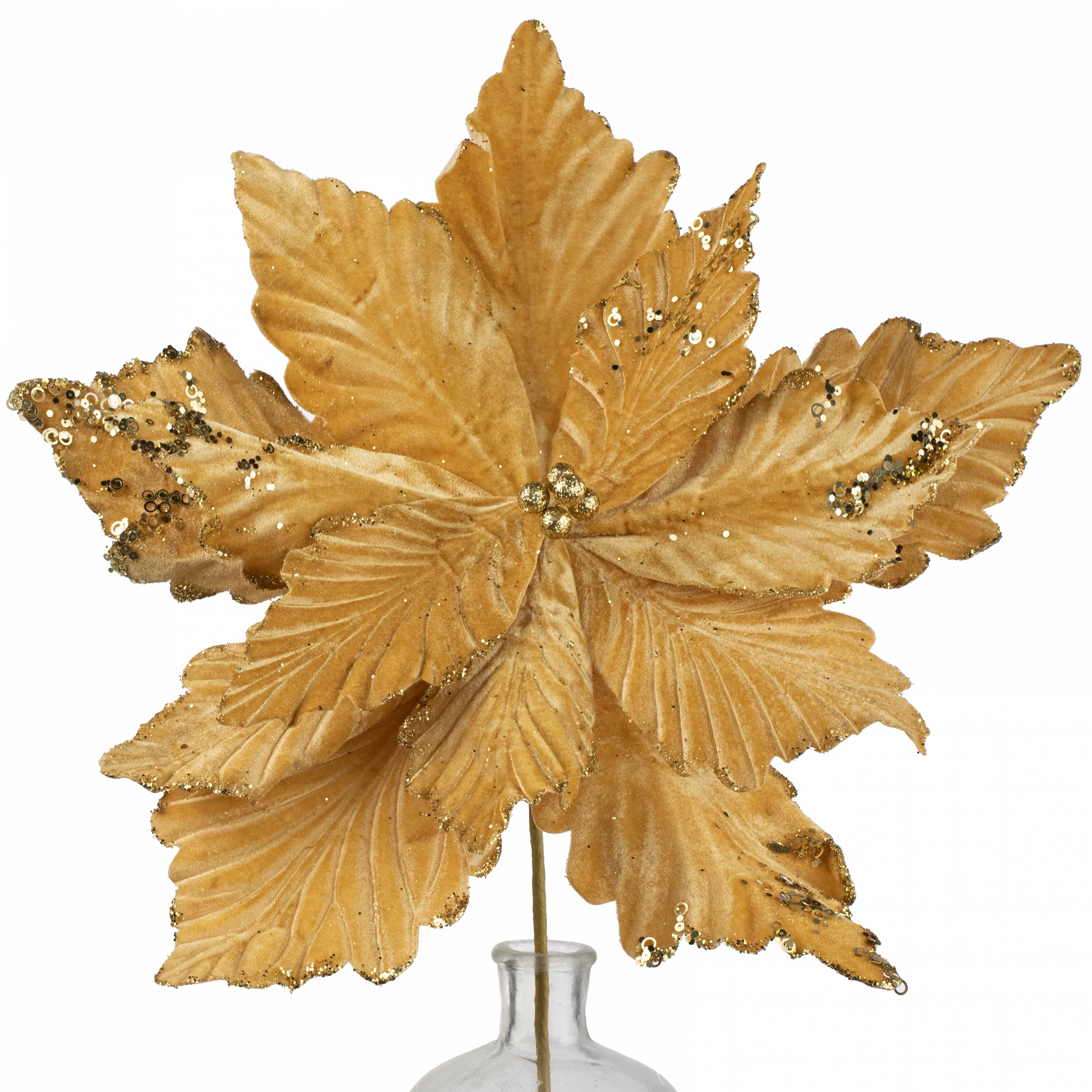 19" x 25" Jumbo Deluxe Velvet Poinsettia Stem: Antique Gold Item Number: XS401072