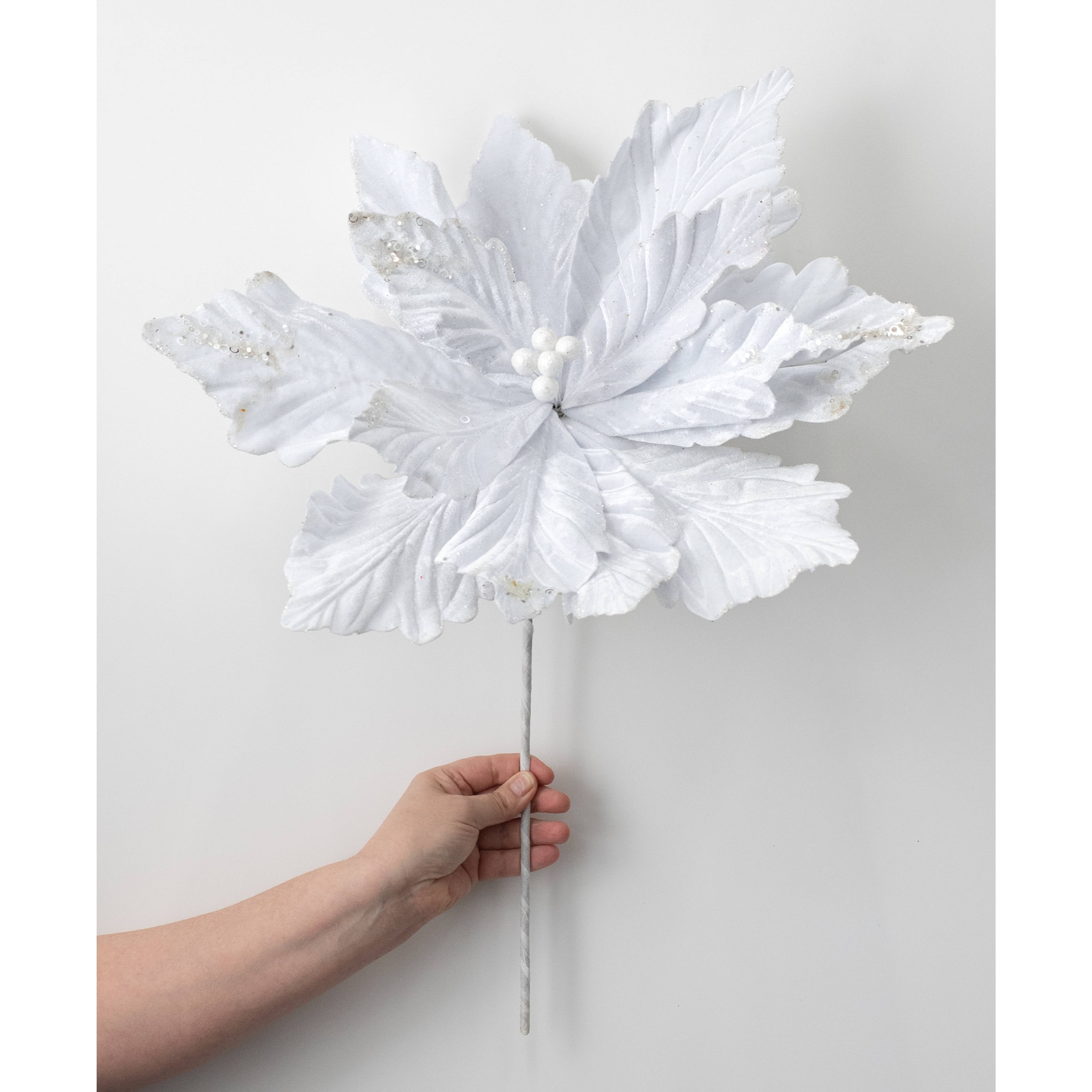 19" x 25" Jumbo Deluxe Velvet Poinsettia Stem: White detail photo 3
