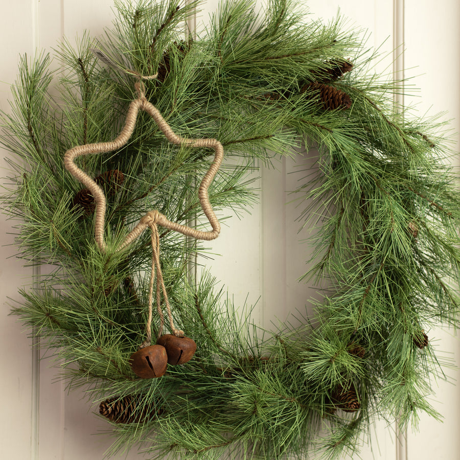13" Jute Star & Hanging Jingle Bells Ornament Lifestyle Photo