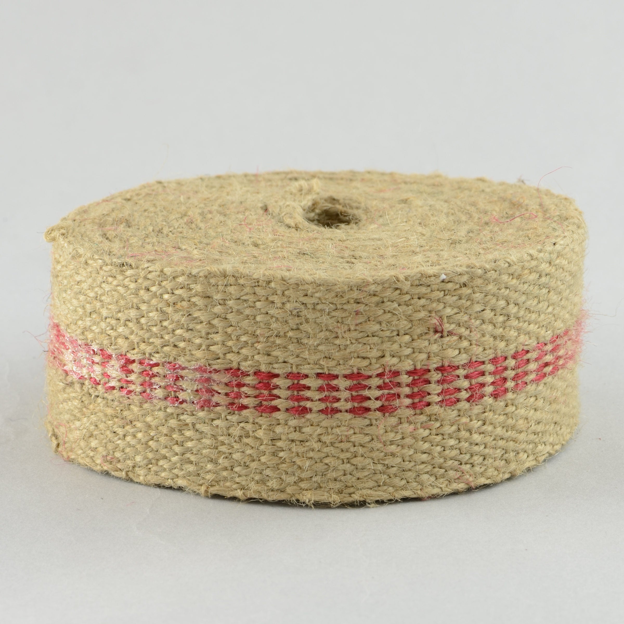 2" Jute Webbing: Natural & Red Thick Center Ticking Stripe (10 Yards) Item Number: RNJW13811