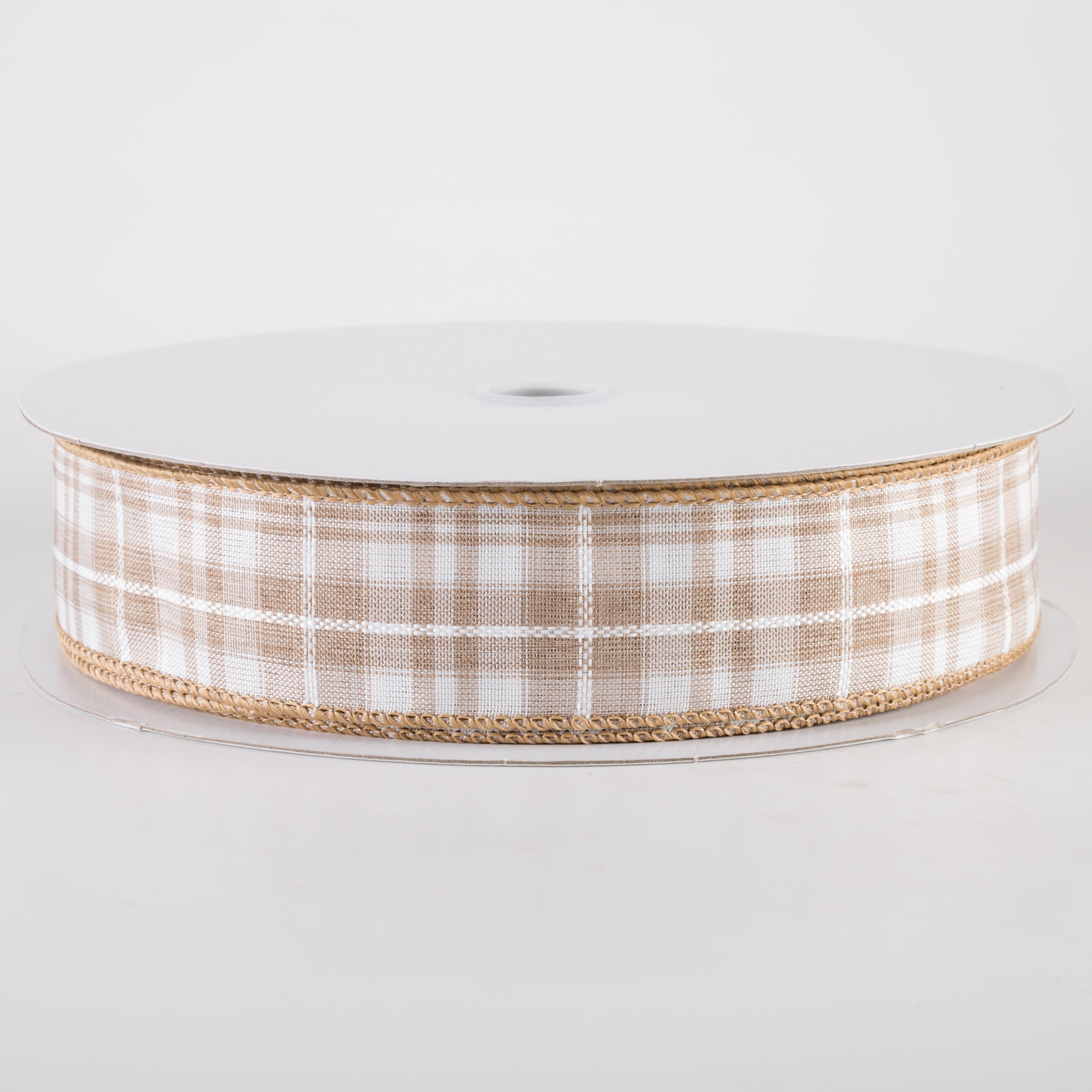 1.5" Kennedy Plaid Ribbon: Natural & White (50 Yards)