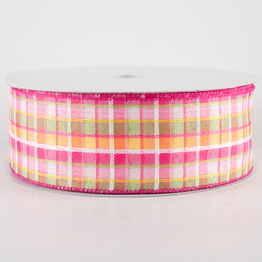 2.5" Kentini Plaid Ribbon: Pink, Fuchsia, Lime, Yellow (50 Yards) Item Number: 841-40-425