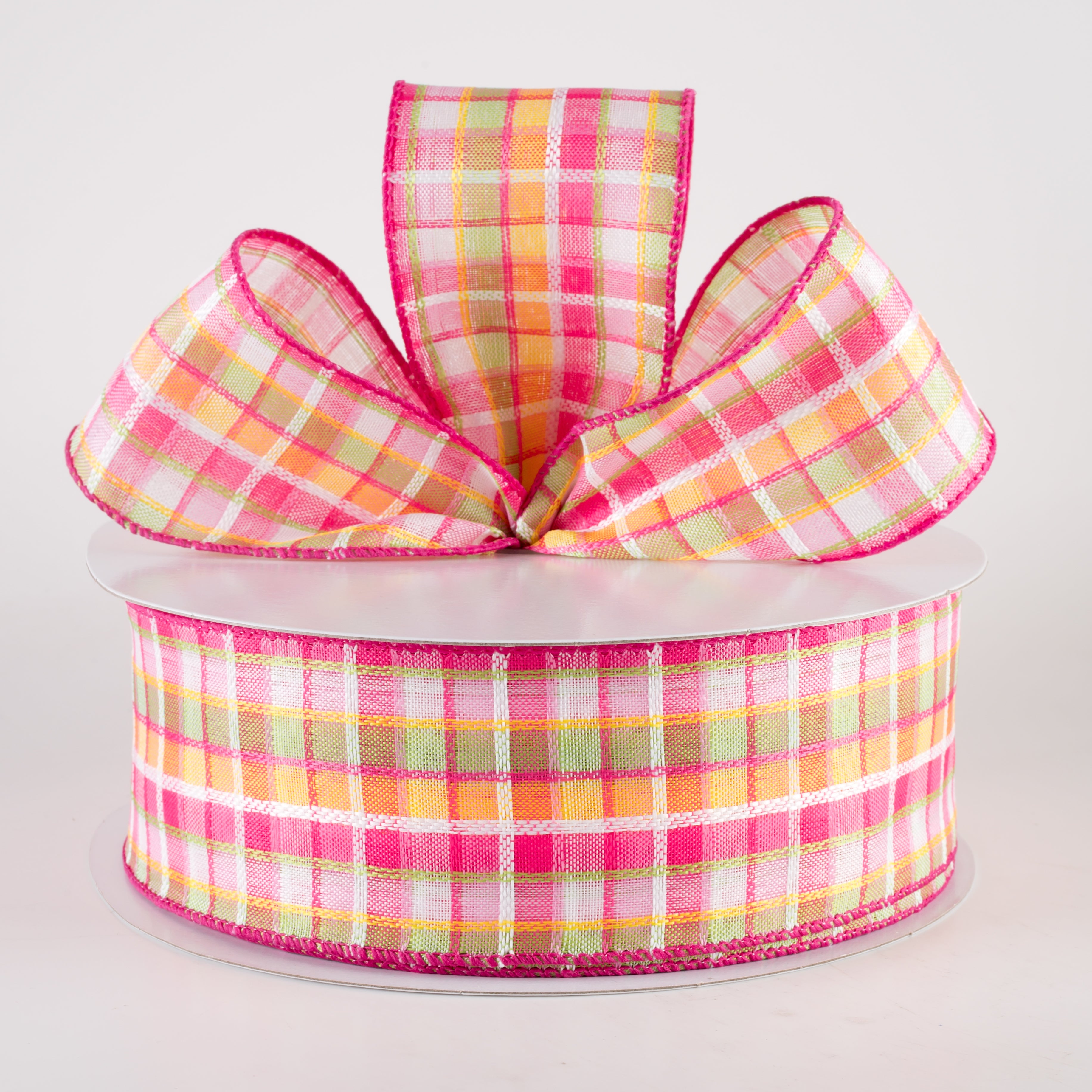 2.5" Kentini Plaid Ribbon: Pink, Fuchsia, Lime, Yellow (50 Yards) Lifestyle Photo