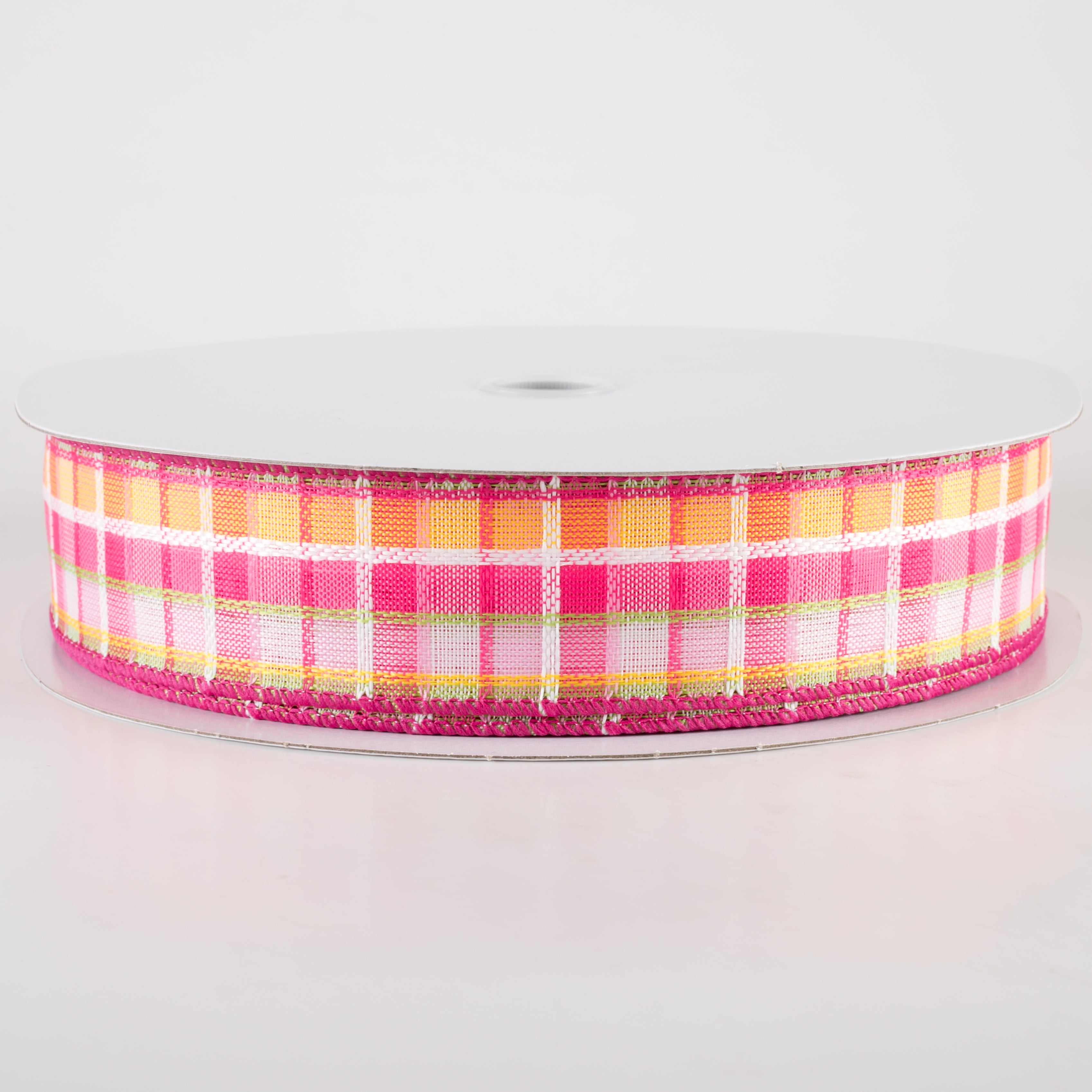 1.5" Kentini Plaid Ribbon: Pink, Fuchsia, Lime, Yellow (50 Yards) Item Number: 841-09-425