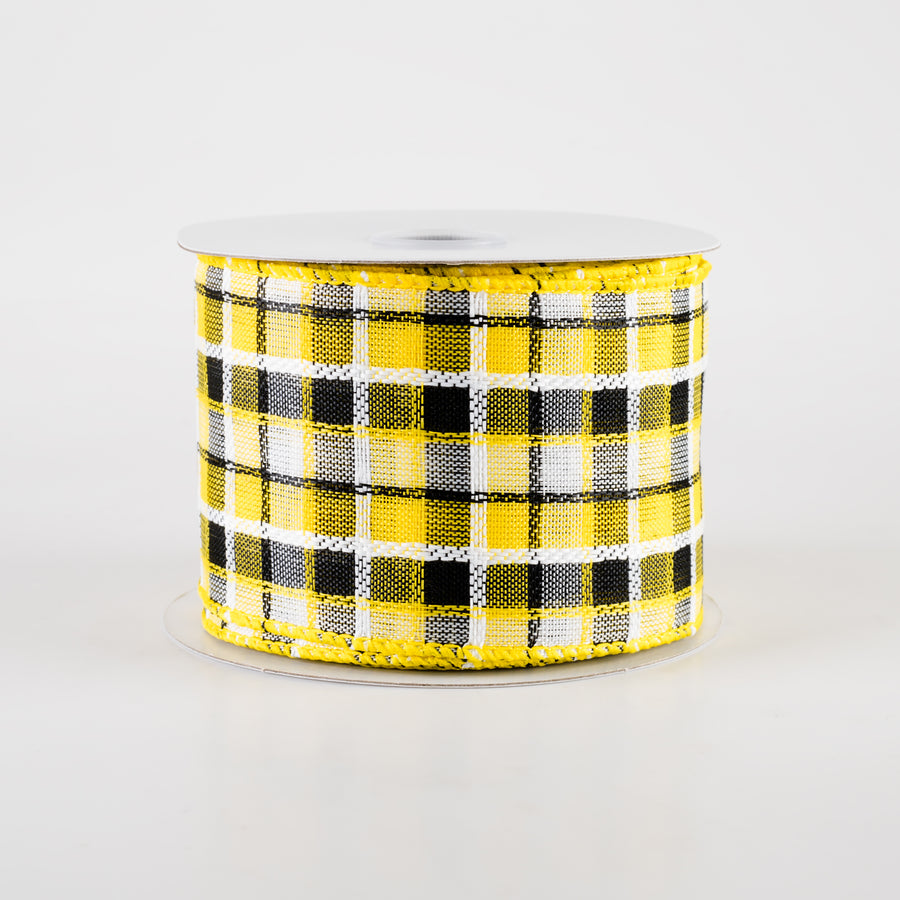 2.5" Kentini Plaid Ribbon: Yellow, Black, White (10 Yards)