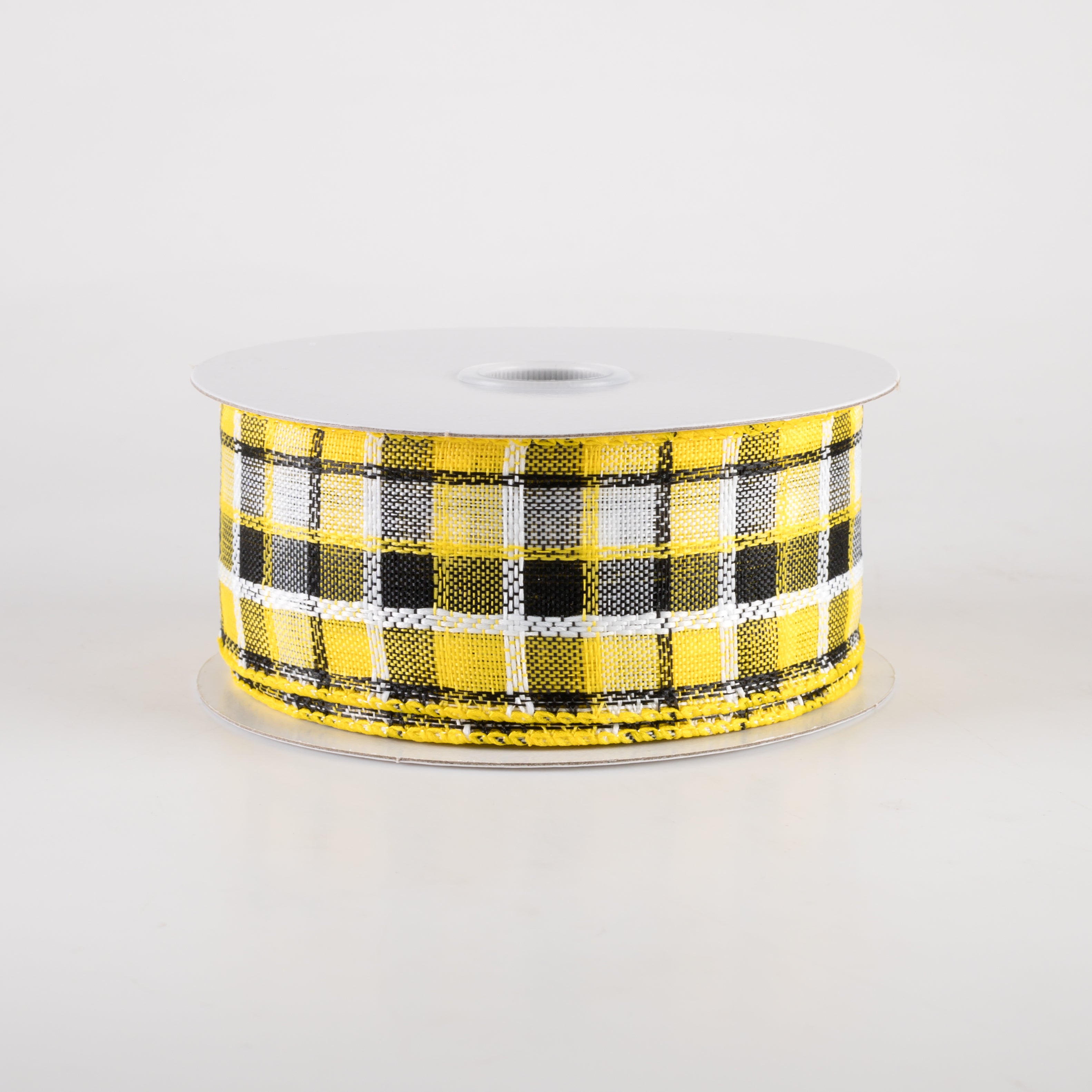 1.5" Kentini Plaid Ribbon: Yellow, Black, White (10 Yards)