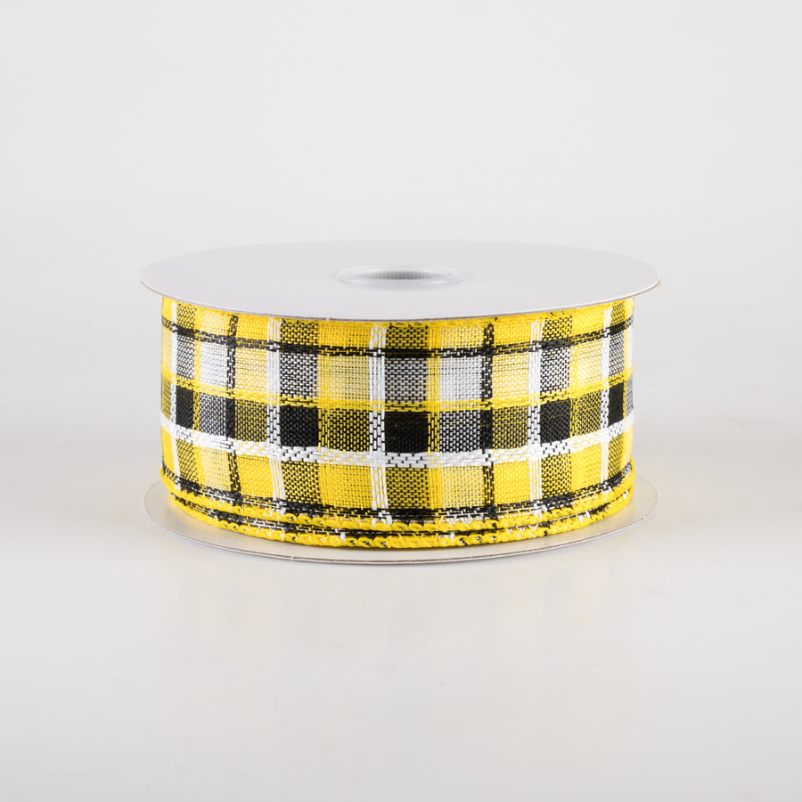 1.5" Kentini Plaid Ribbon: Yellow, Black, White (10 Yards)