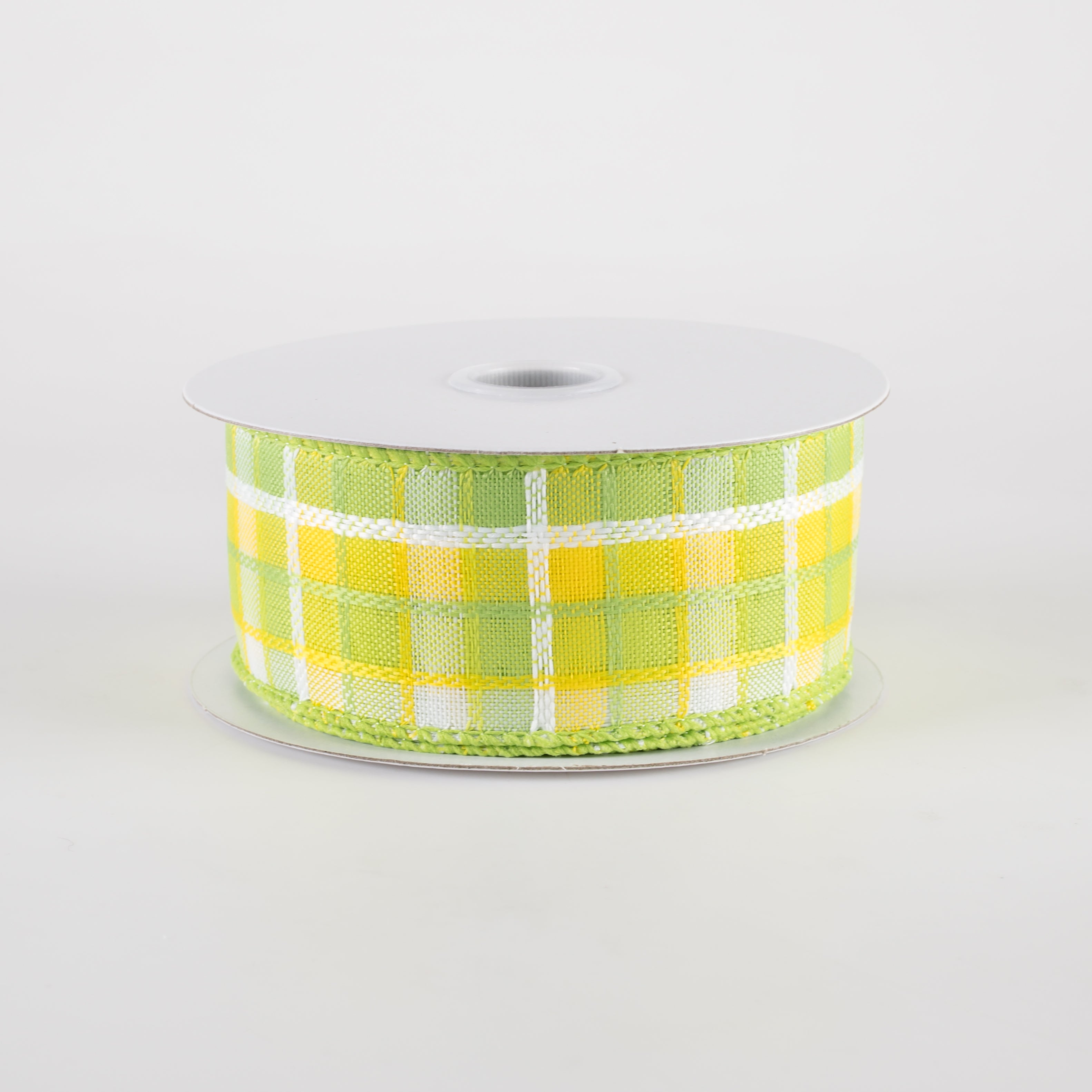 1.5" Kentini Plaid Ribbon: Yellow, Lime, White (10 Yards)
