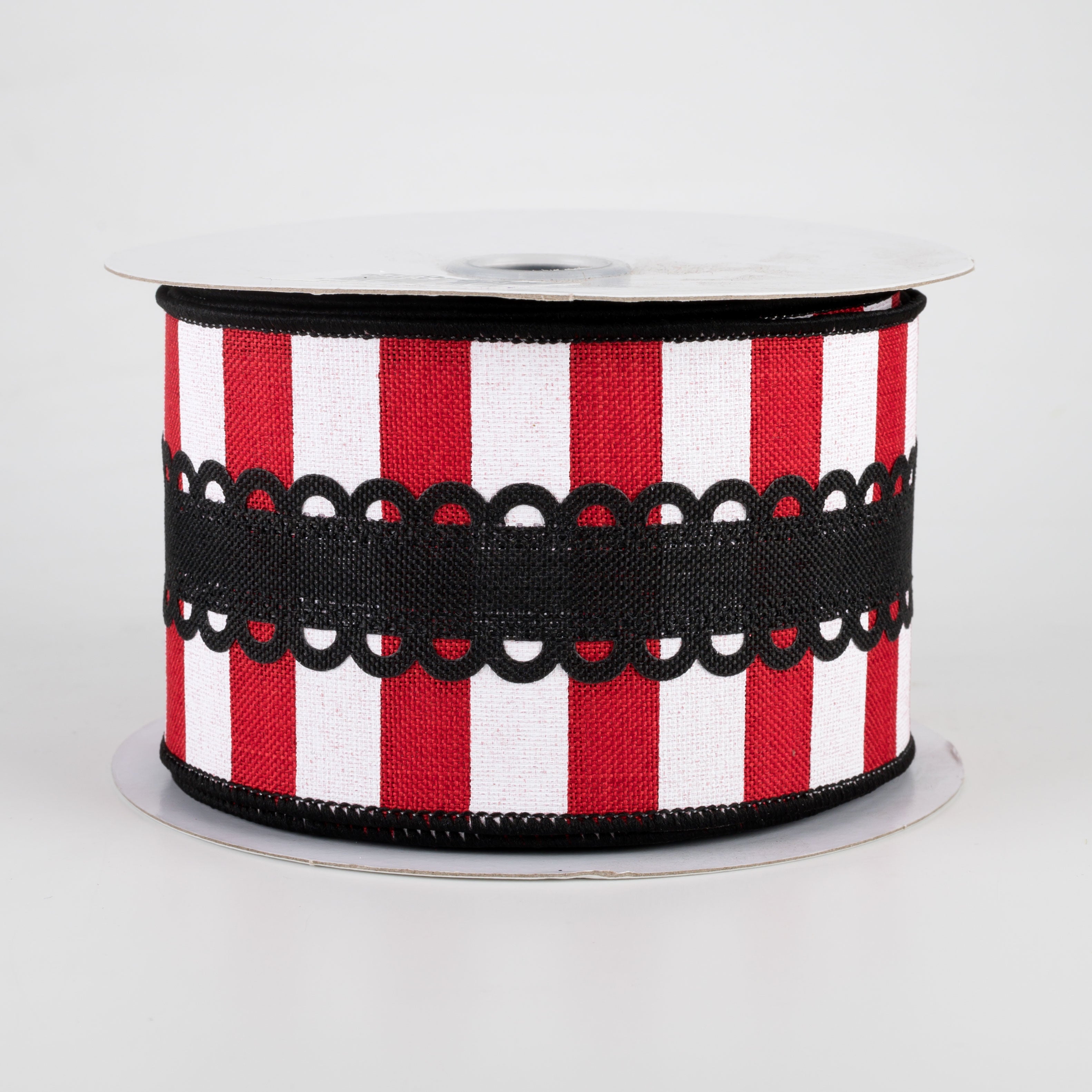 2.5" Lace On Horizontal Stripe Ribbon: Black, Red, White (10 Yards)