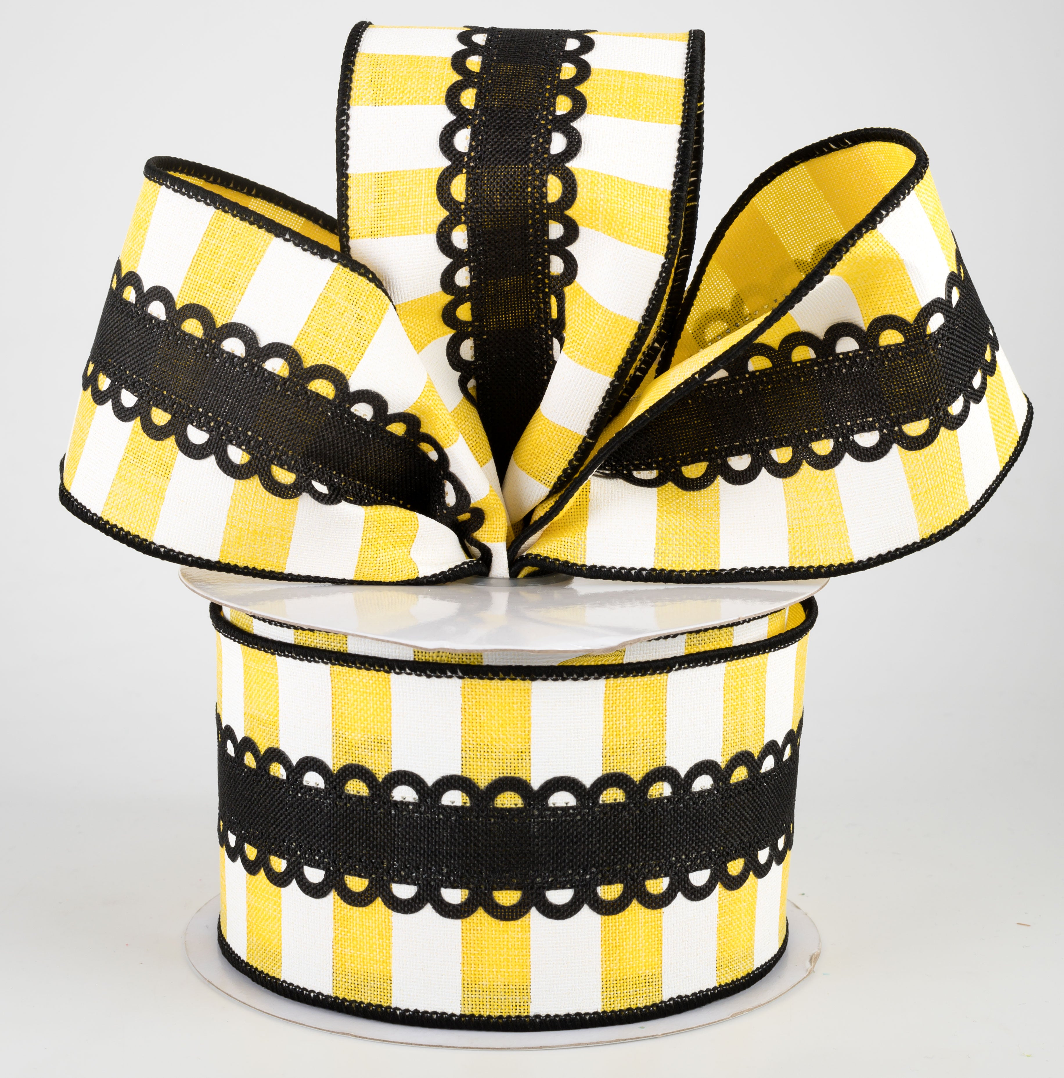 2.5" Lace On Horizontal Stripe Ribbon: Black, Yellow, White (10 Yards) Lifestyle Photo