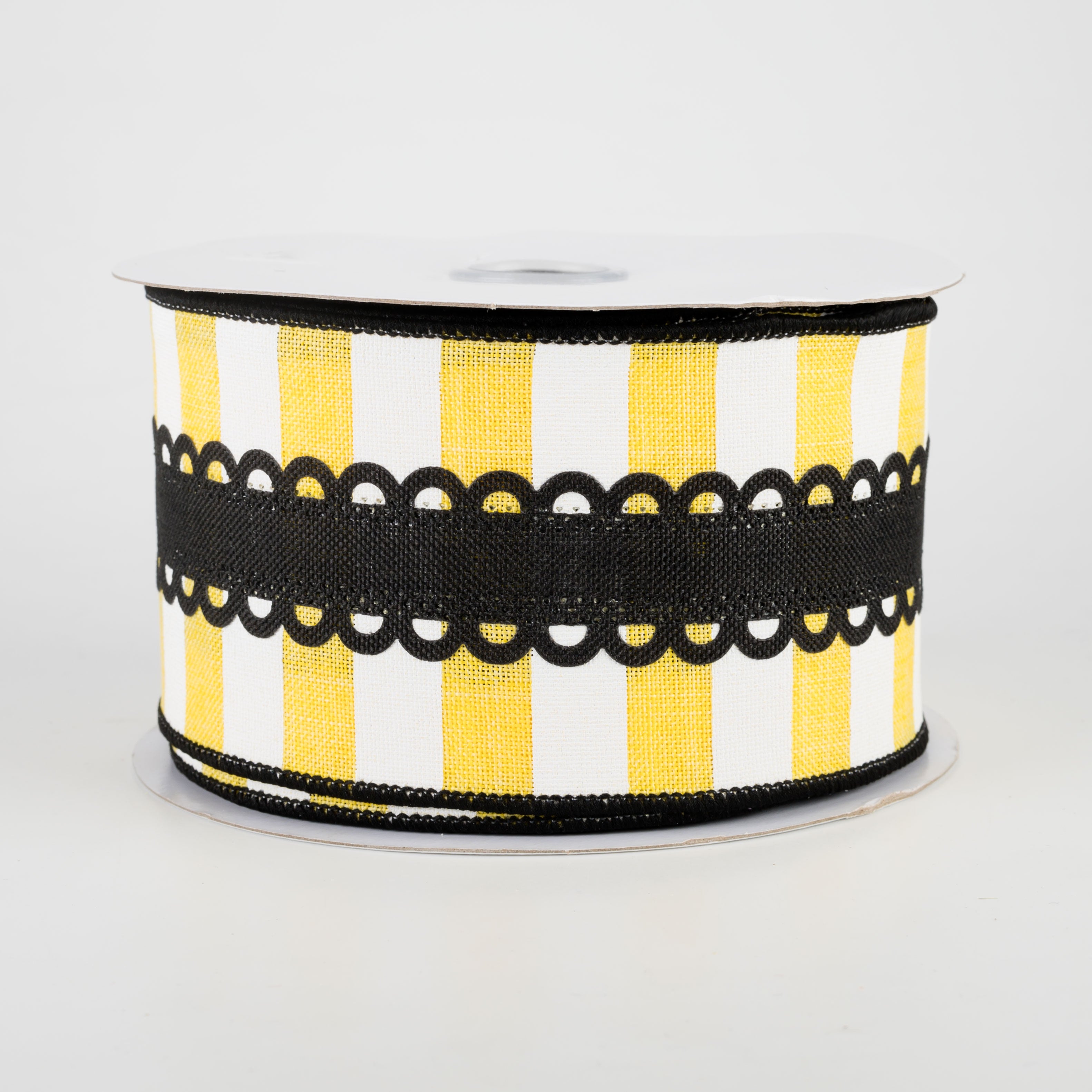 2.5" Lace On Horizontal Stripe Ribbon: Black, Yellow, White (10 Yards)