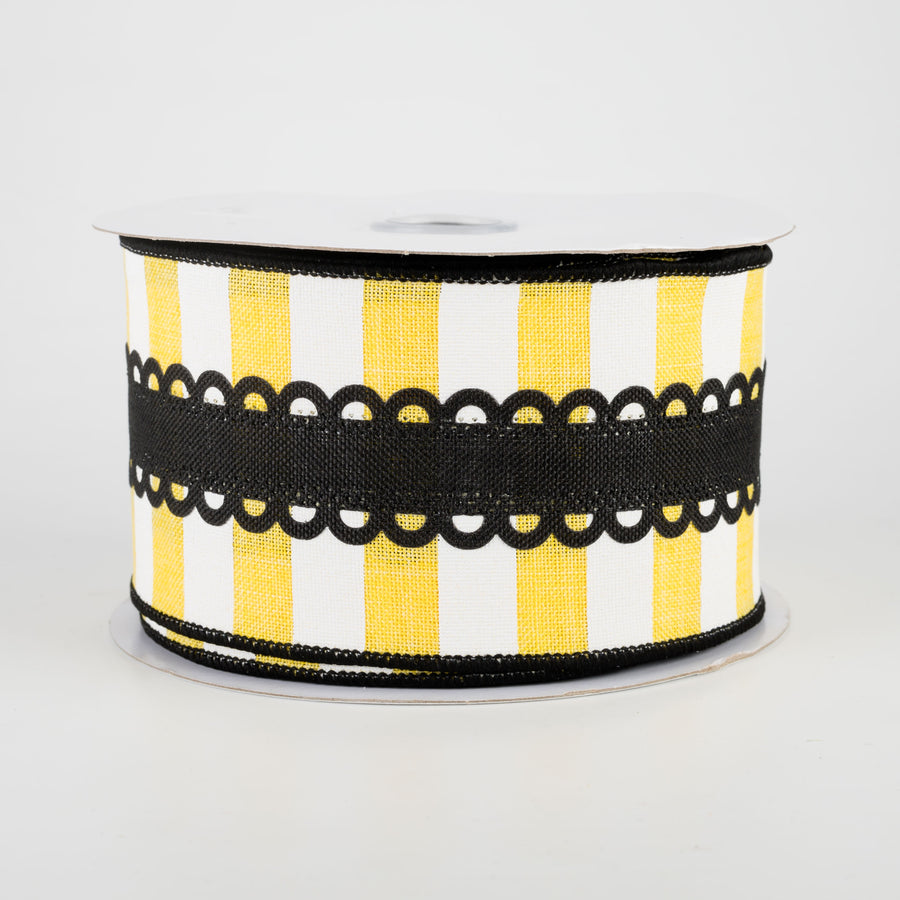 2.5" Lace On Horizontal Stripe Ribbon: Black, Yellow, White (10 Yards)