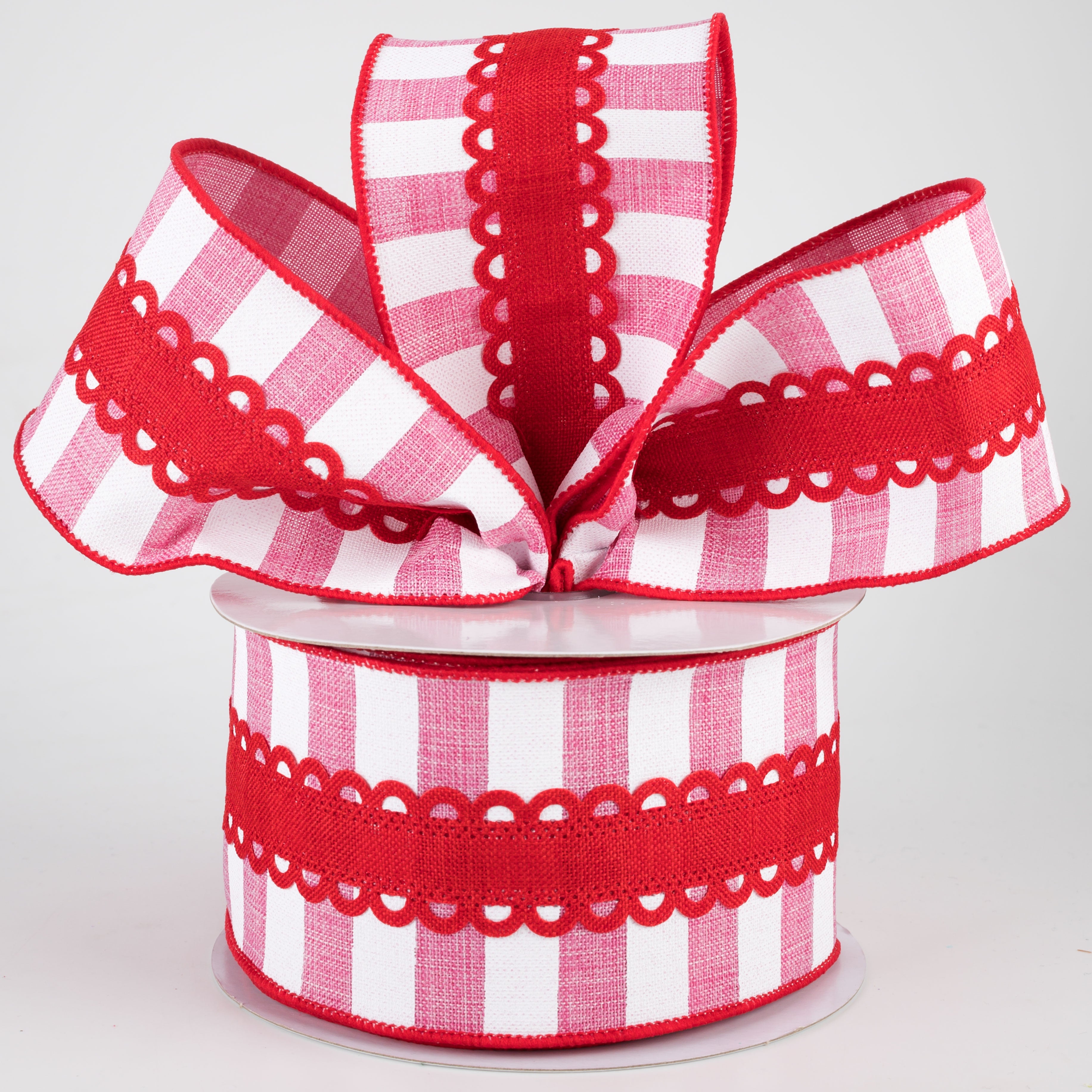 2.5" Lace On Horizontal Stripe Ribbon: Red, Pink, White (10 Yards) Lifestyle Photo
