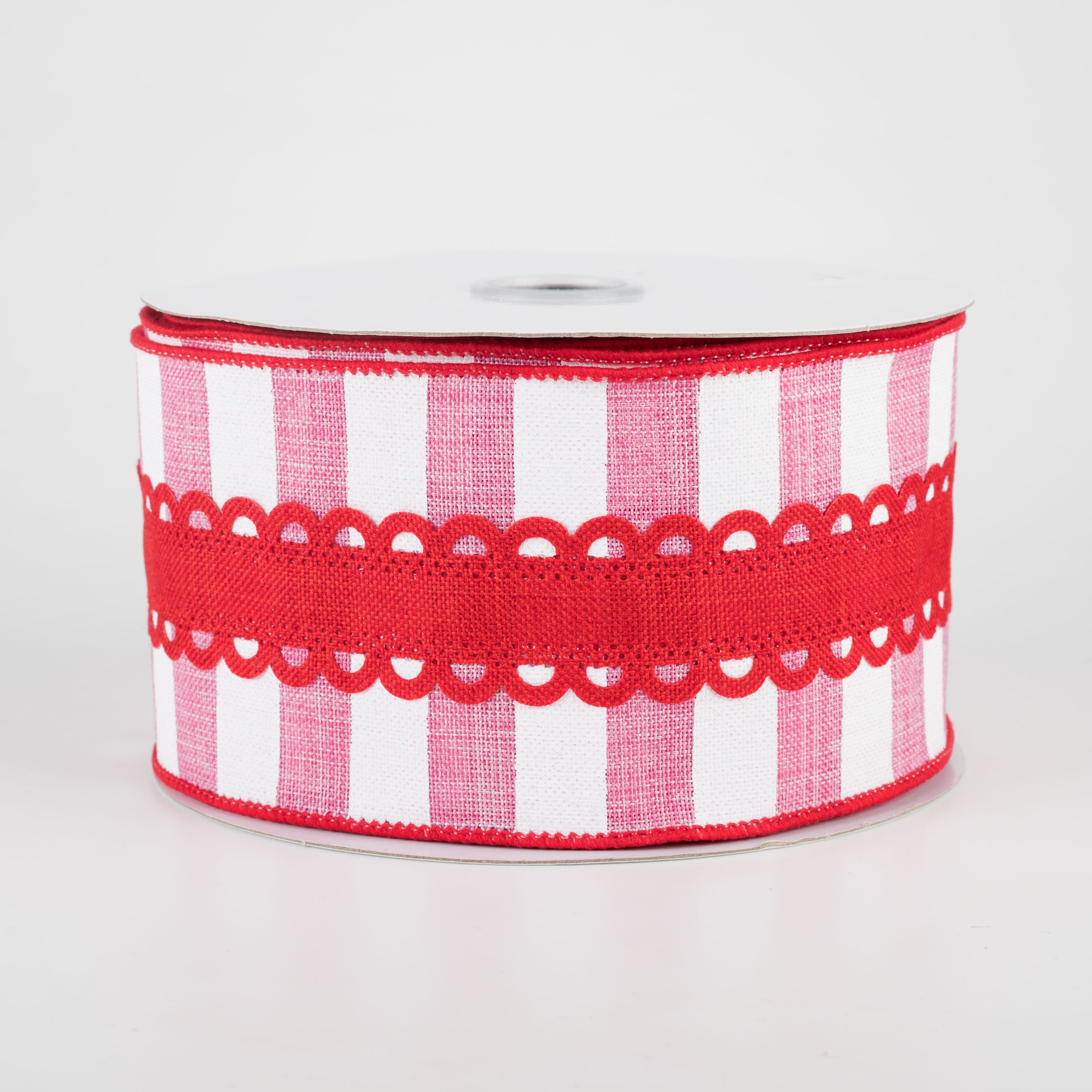 2.5" Lace On Horizontal Stripe Ribbon: Red, Pink, White (10 Yards)
