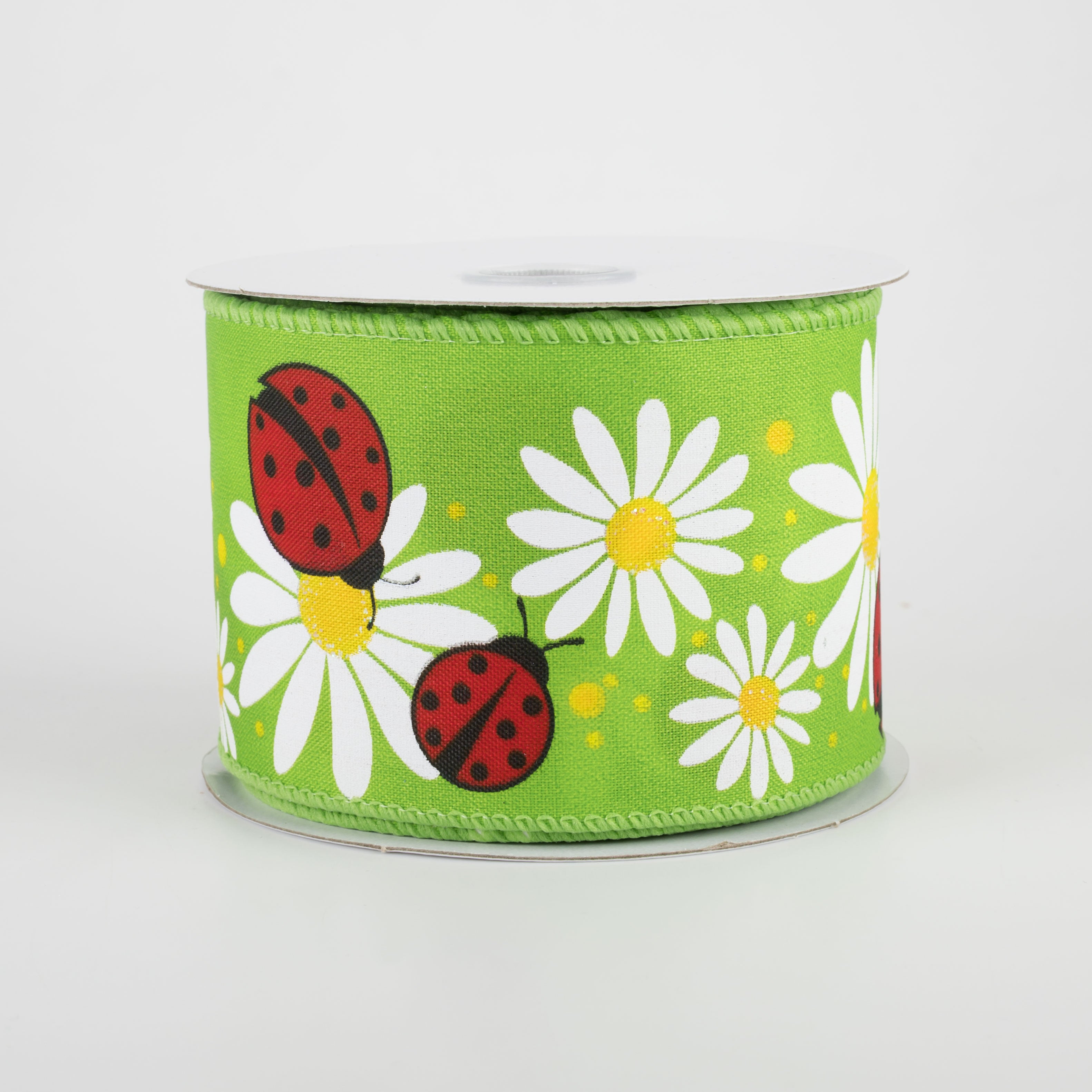 2.5" Ladybug & Daisies Ribbon: Lime (10 Yards)