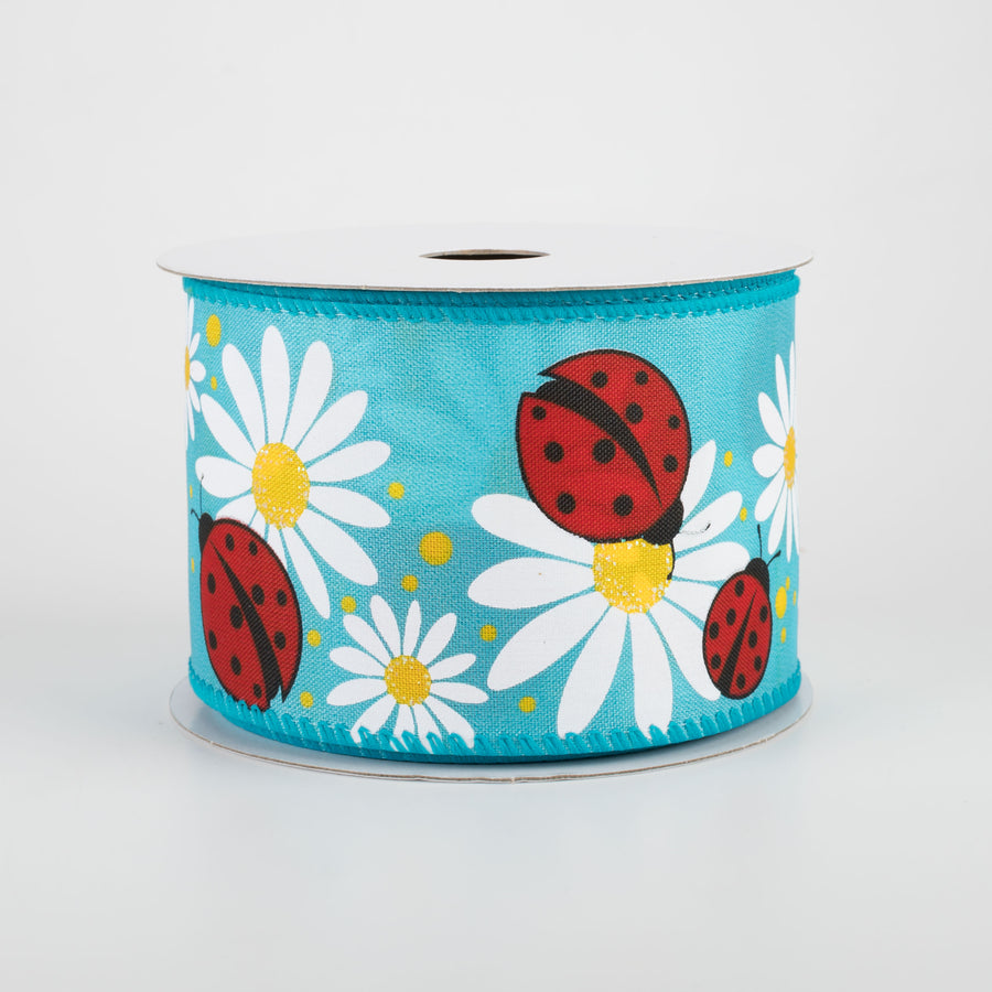2.5" Ladybug & Daisies Ribbon: Turquoise (10 Yards)